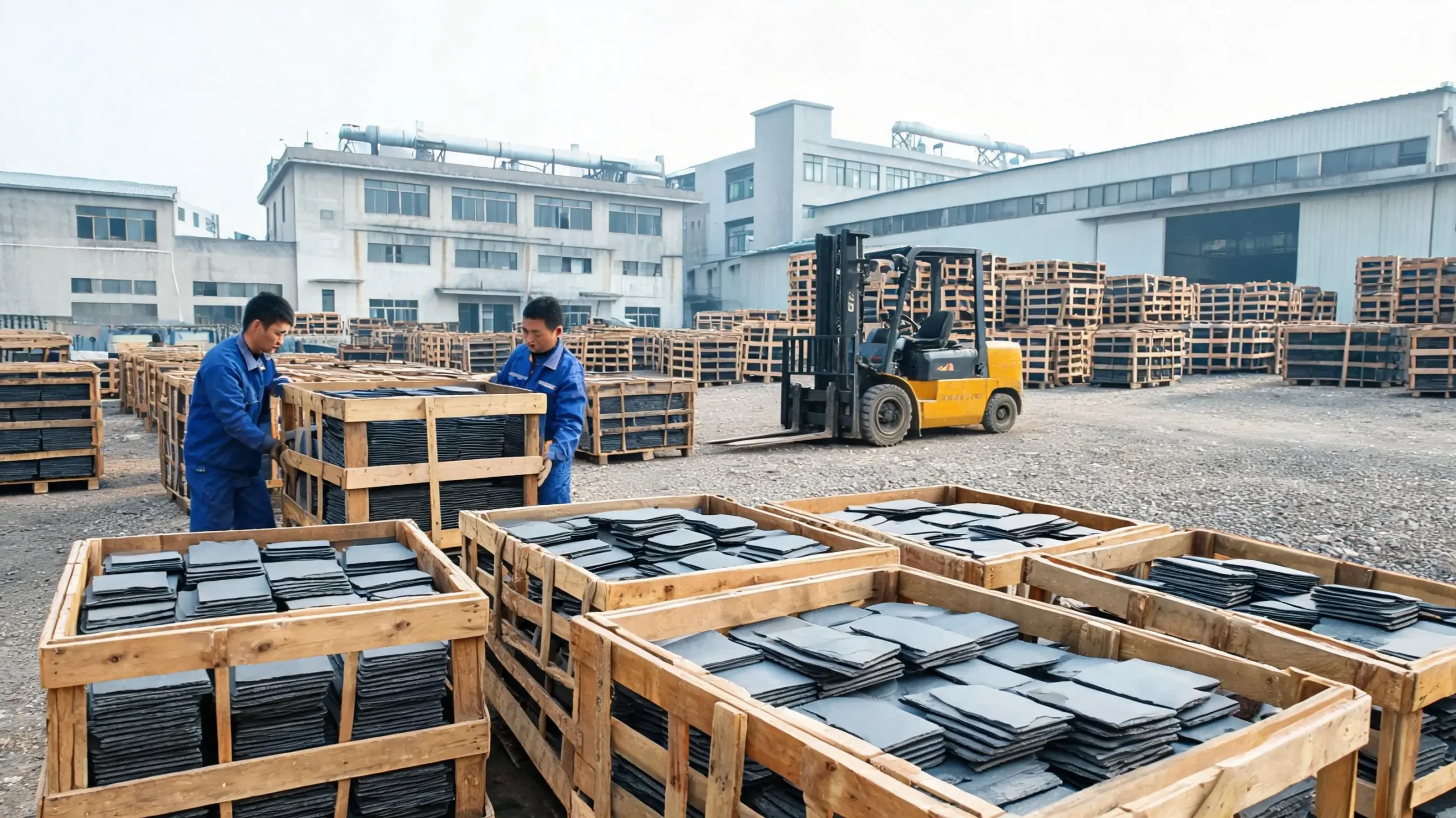 Slate factory yard with wooden crates of roofing slate ready for container loading