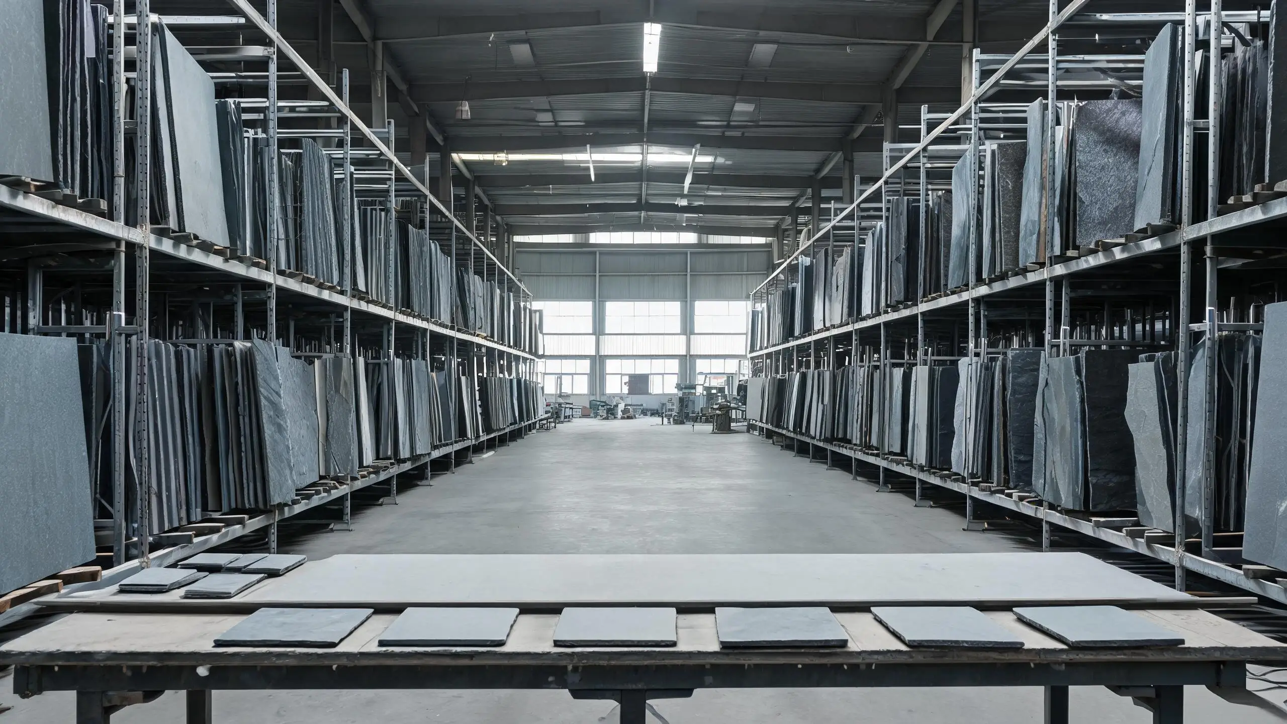 Interior of a slate processing workshop with rows of slate slabs in vertical racks and a workbench with finished pieces