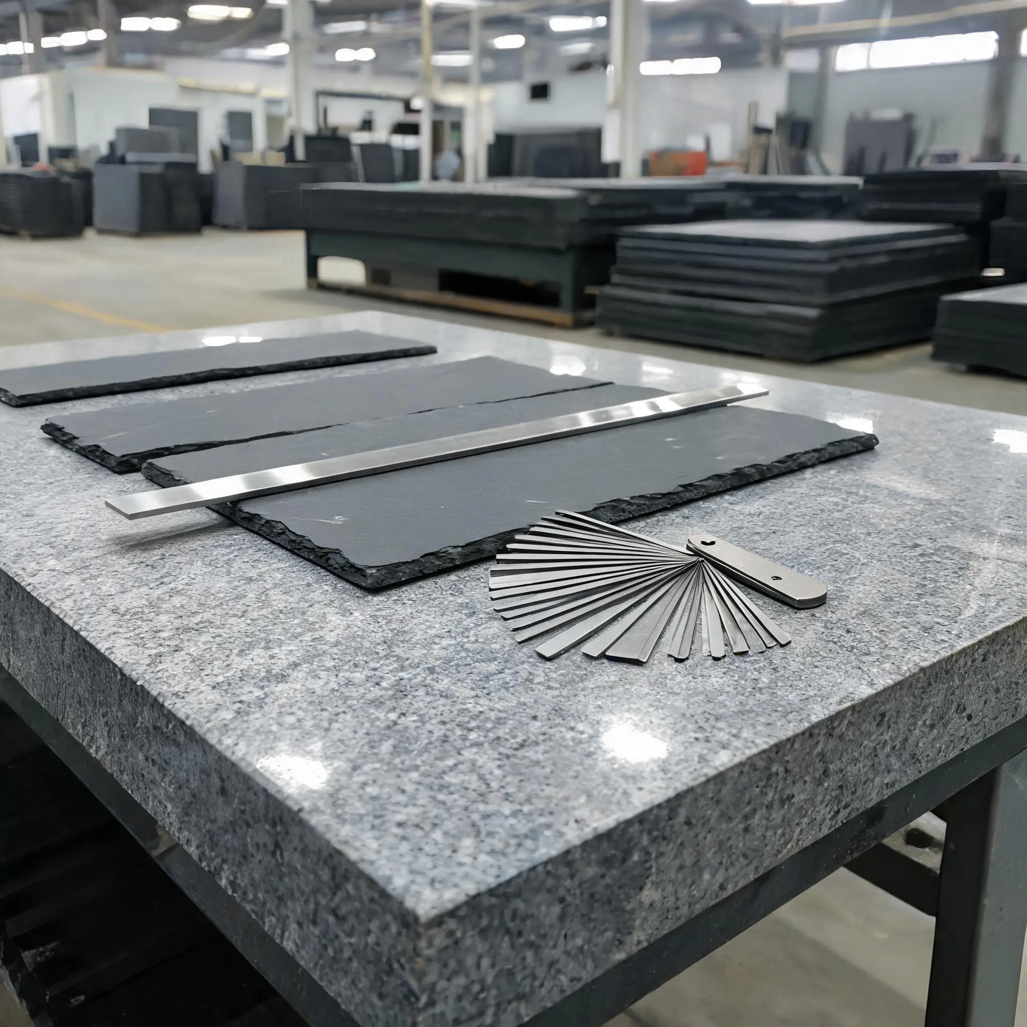 Slate Flatness Test With Straightedge and Feeler Gauge Steel straightedge and feeler gauge used to check flatness of a slate panel on a granite plate