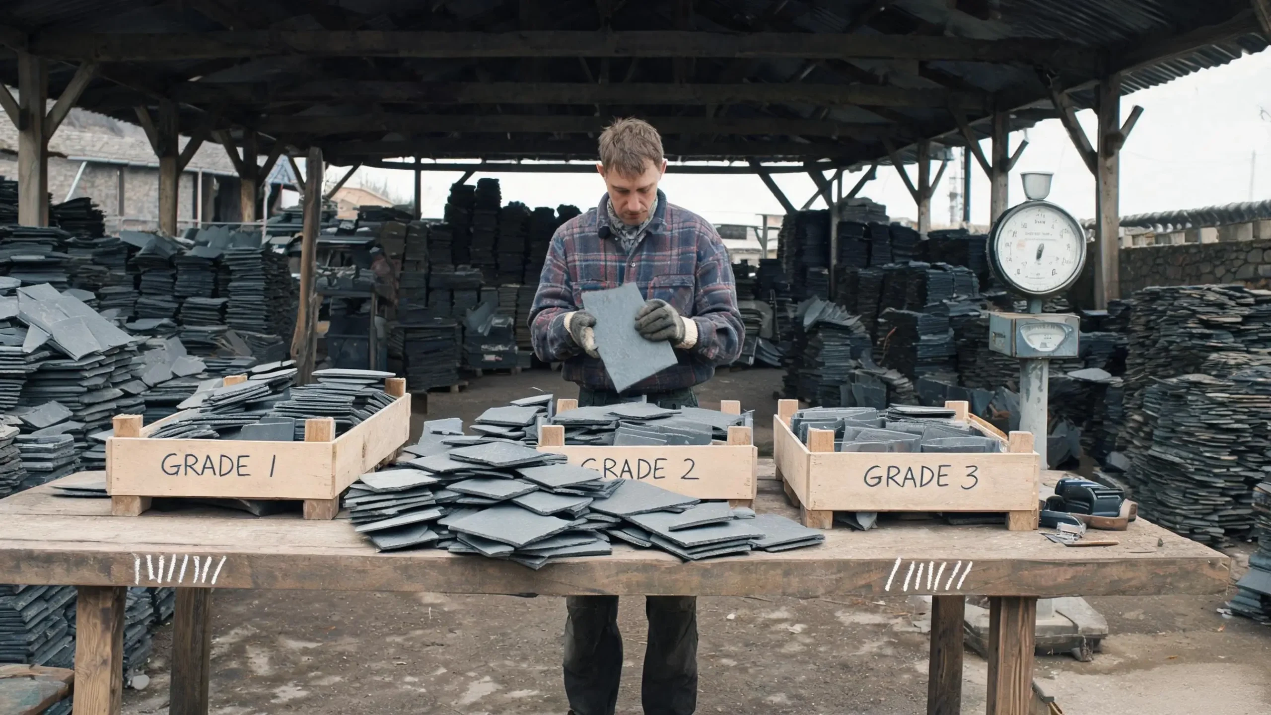 Reusing Existing Roofing Slate 4 Slate grader sorting reclaimed roofing tiles into three wooden crates at a bench