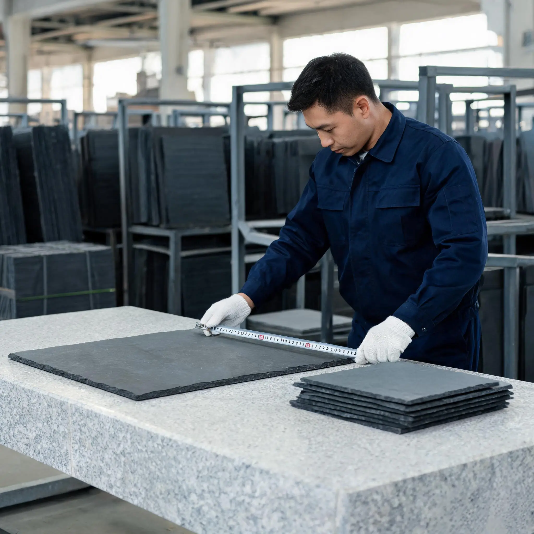 Slate Inspection Bench Overview Slate inspection bench with tiles on a granite surface plate in a Jiujiang factory