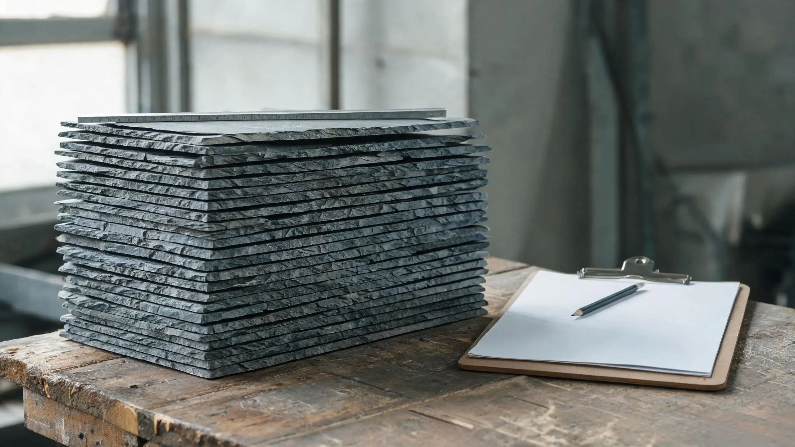 How to Verify a Jiujiang Slate Supplier 3 Roofing slate inspection bench with a checked stack of tiles and inspection record sheet