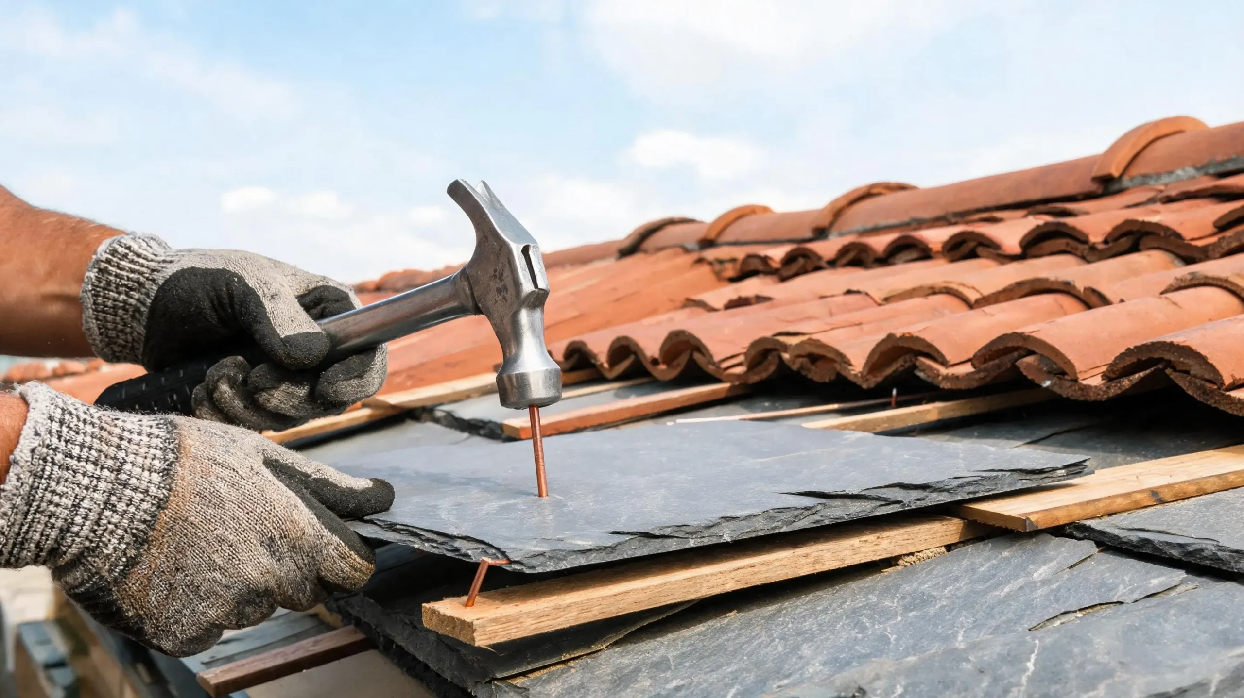 Roofer installing natural slate tile with copper nails on wooden battens