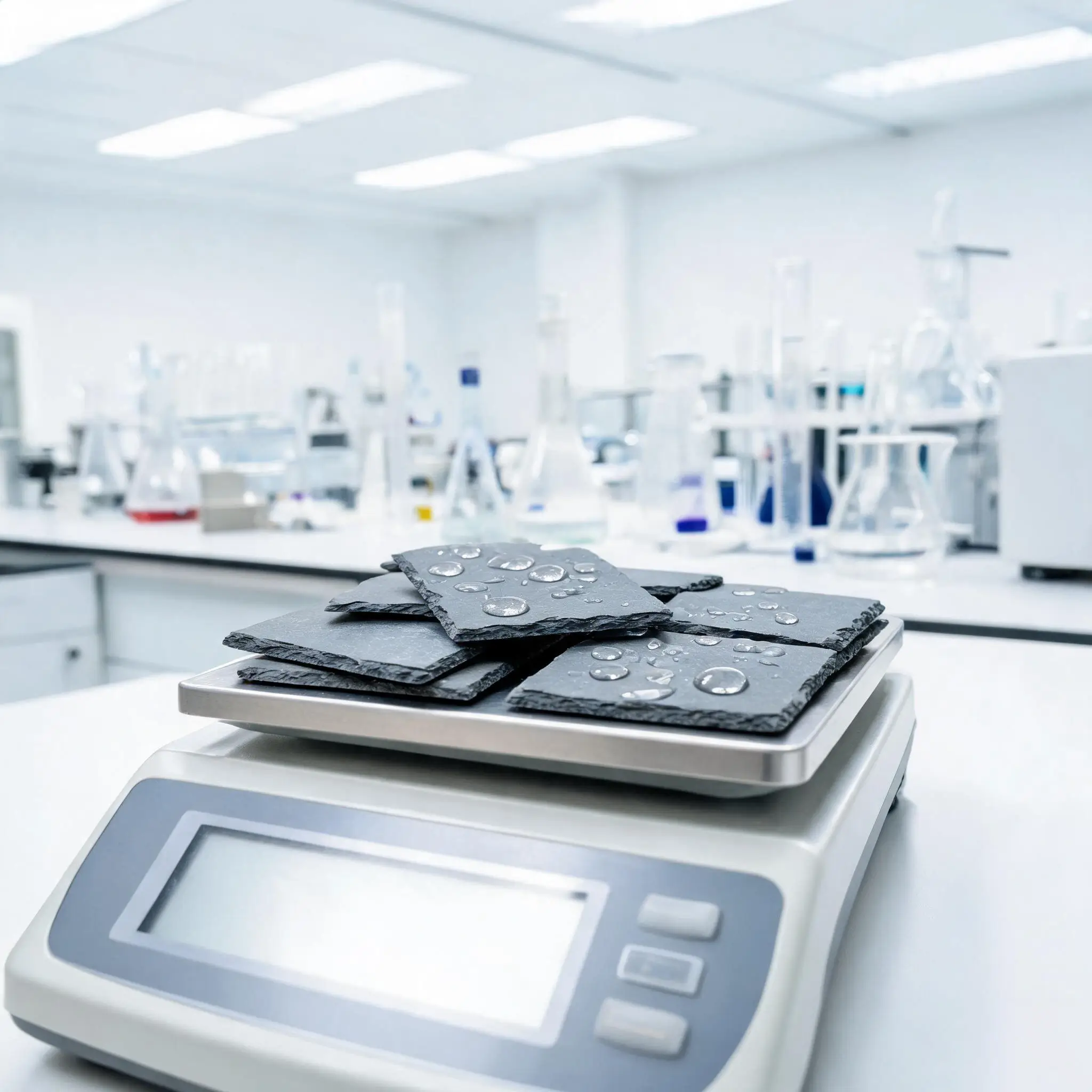 Why Roofing Buyers Choose Jiujiang Slate 3 Slate samples on a precision laboratory balance during water absorption testing