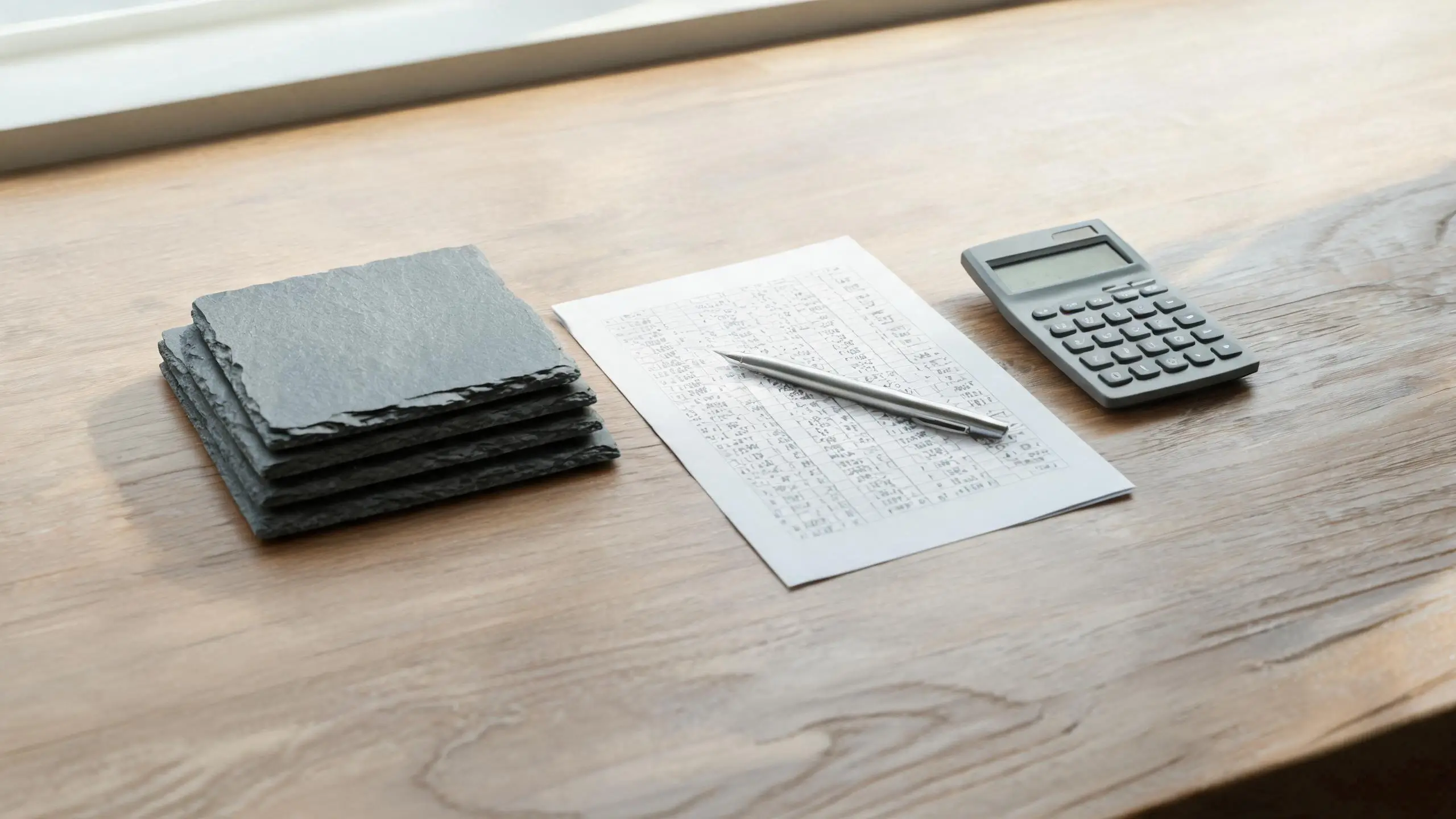 Working out the landed cost of a slate container Grey slate samples beside a written quotation and calculator on a wooden desk
