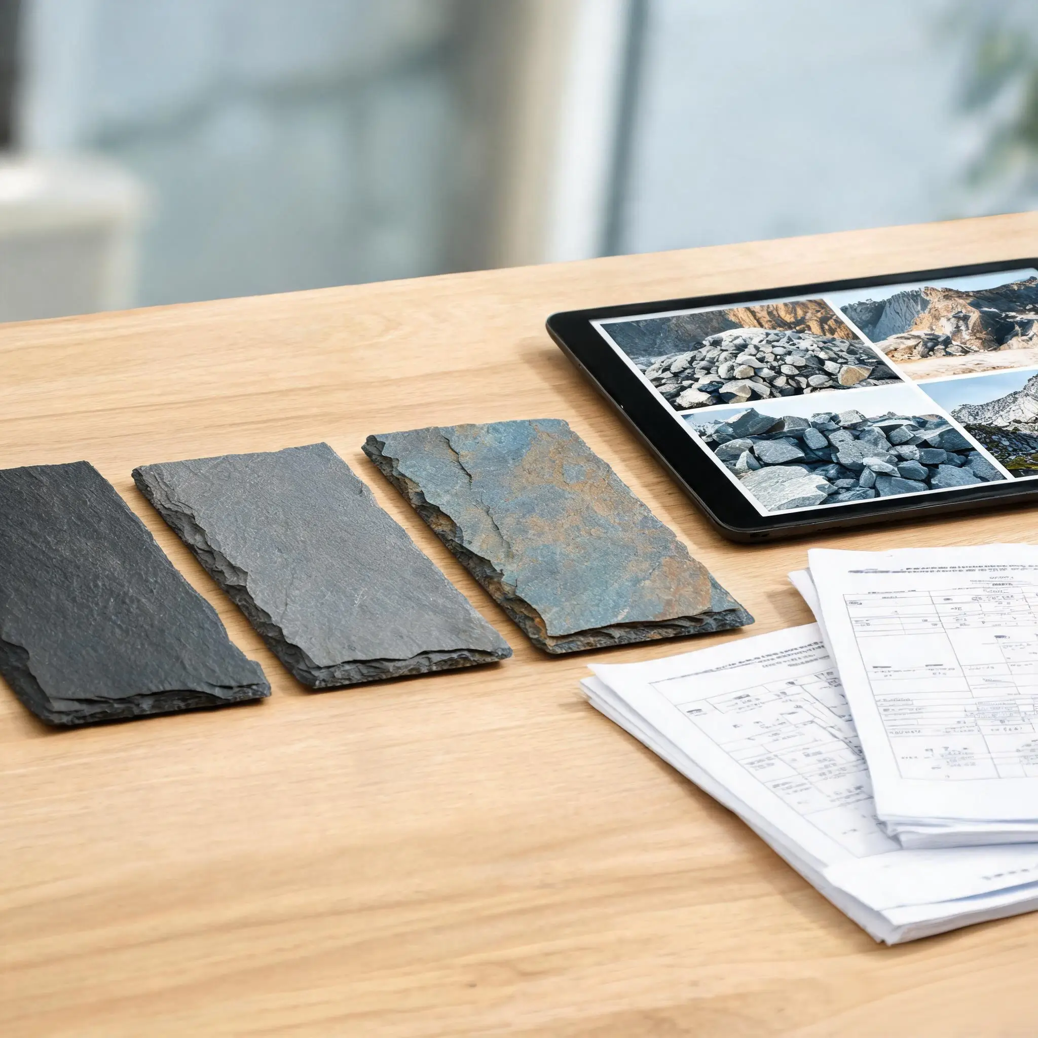 Procurement auditor's desk with slate samples, quarry photographs and test documents for origin verification