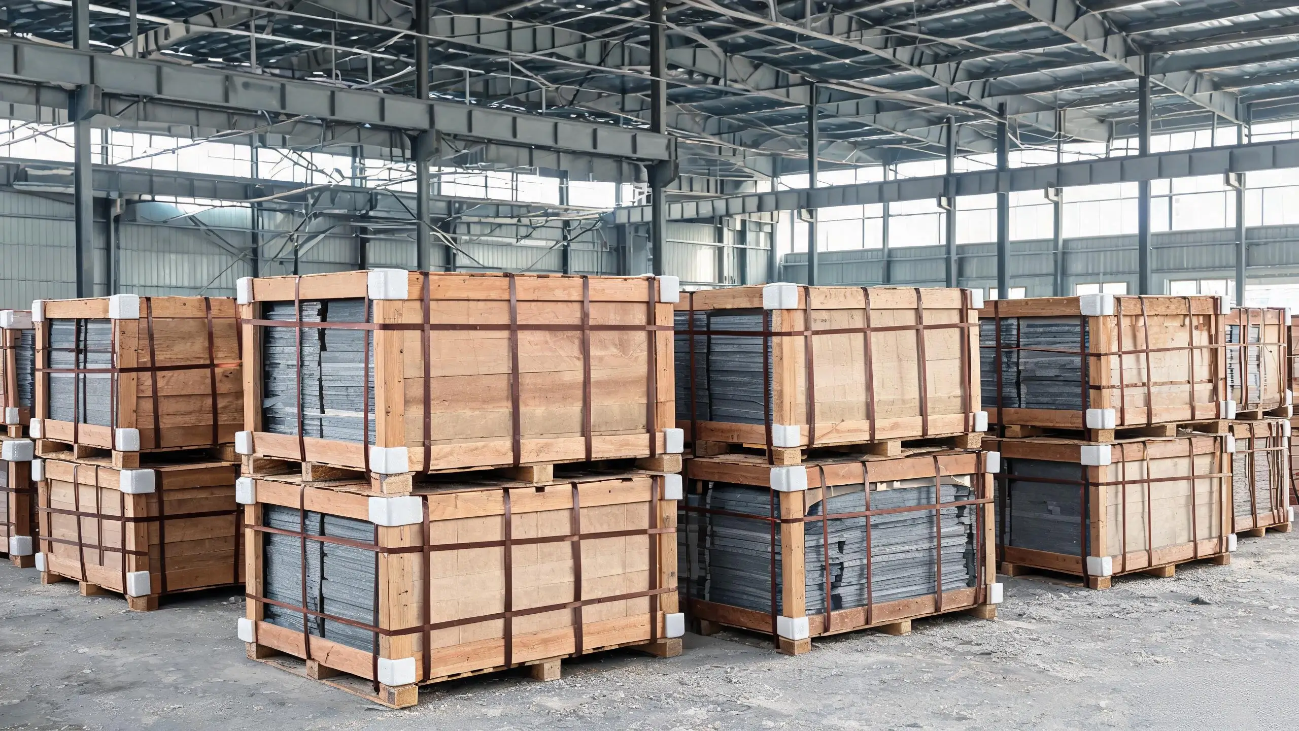 Wooden export crates packed with grey slate products, strapping and corner protection in a factory packing area