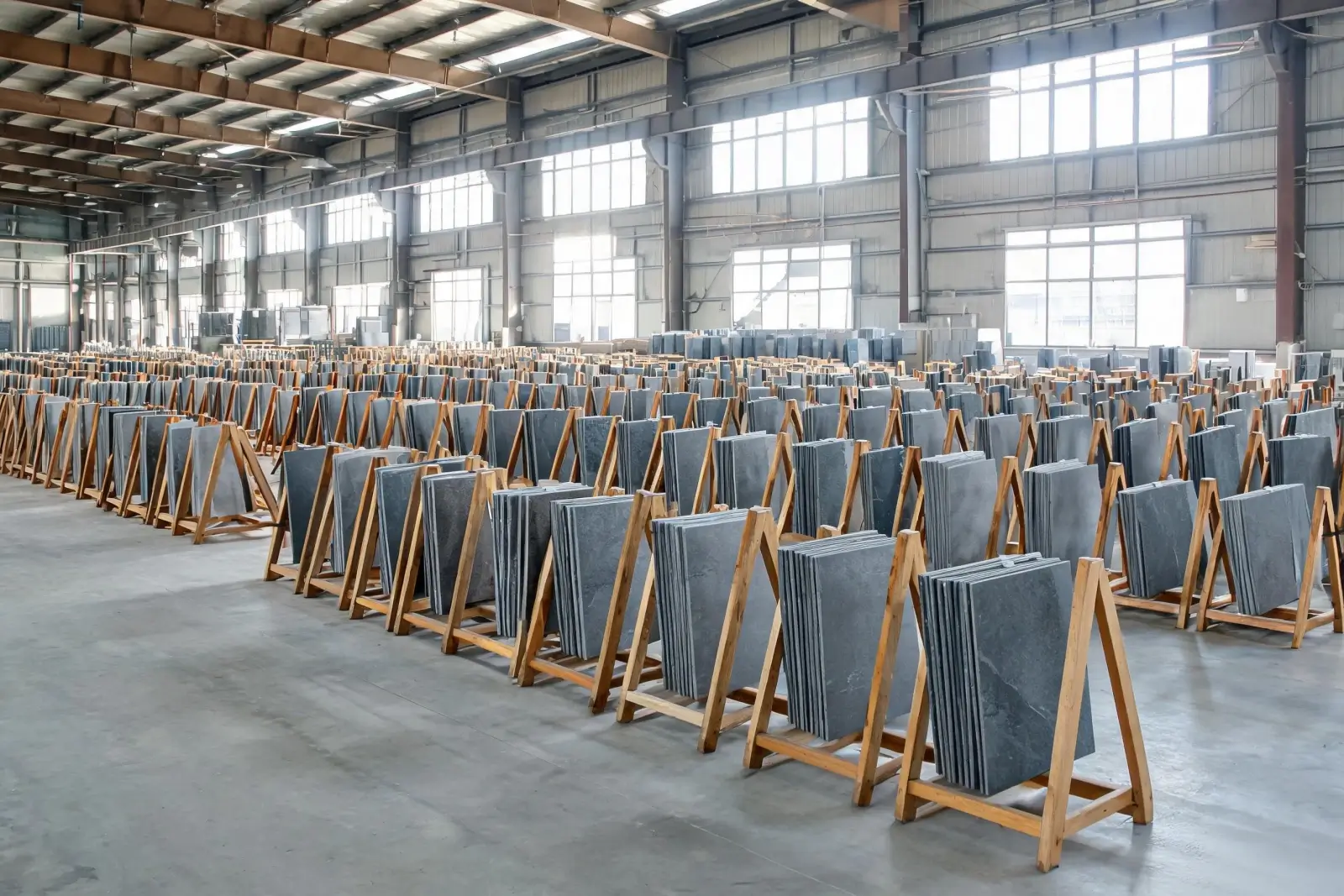 Finished billiard slate panels stored upright in a Jiujiang factory warehouse Rows of finished grey slate panels standing upright in wooden racks inside a factory warehouse