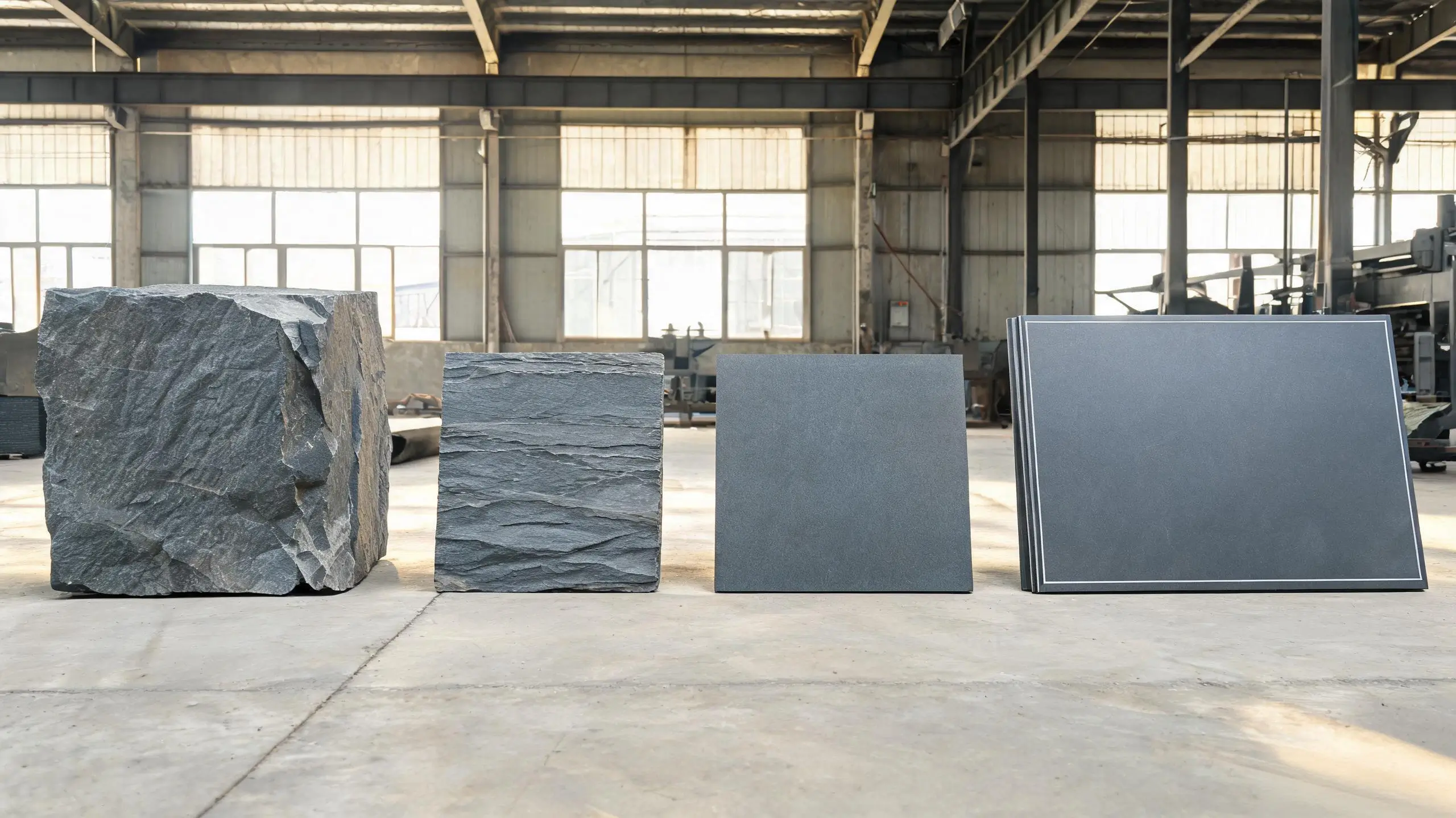 From quarry block to finished slate — the processing chain Slate processing journey from rough quarry block to finished CNC-machined panel