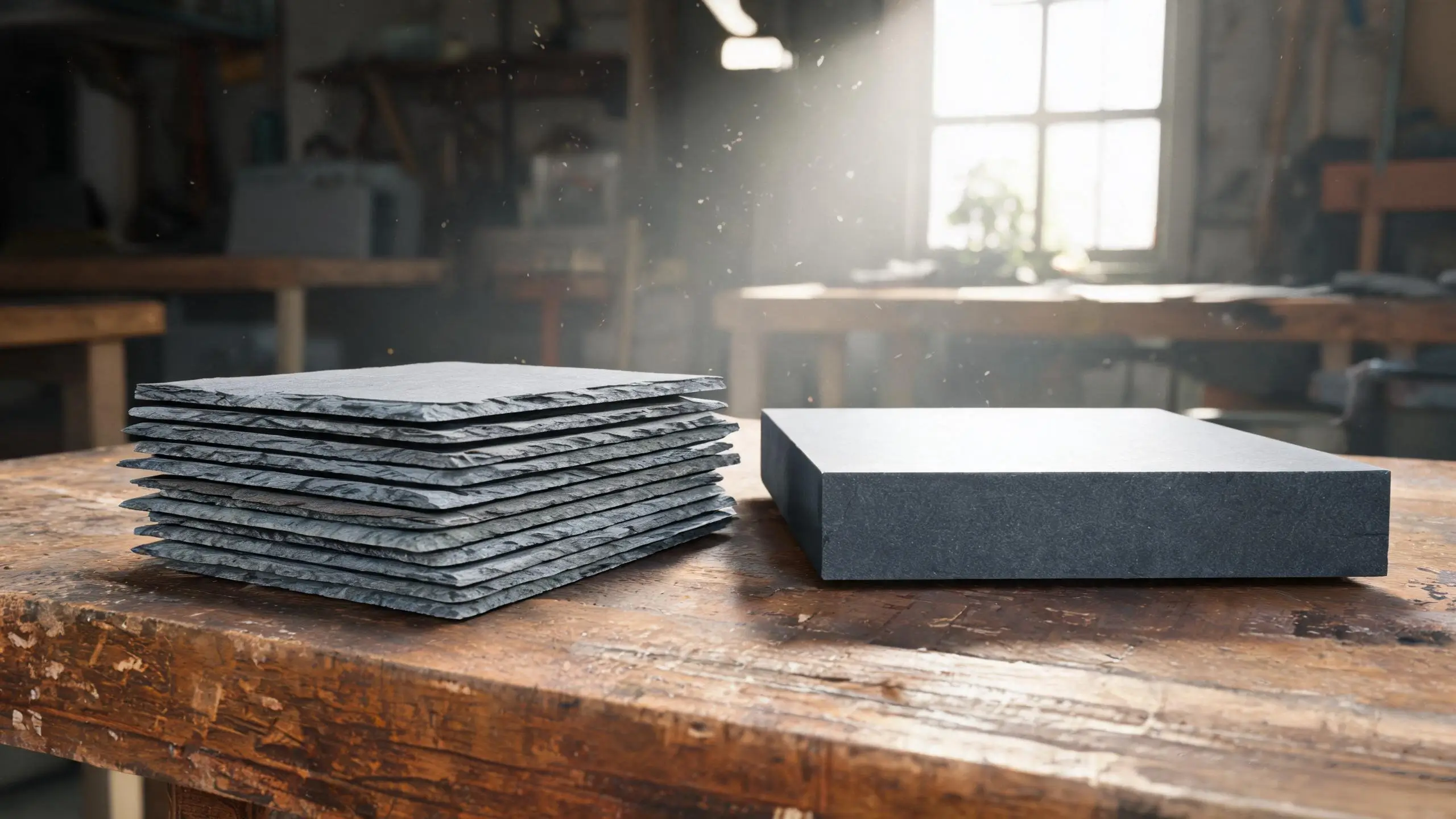 Slate quality control — digital caliper thickness check Inspector measuring slate tile thickness with a digital caliper
