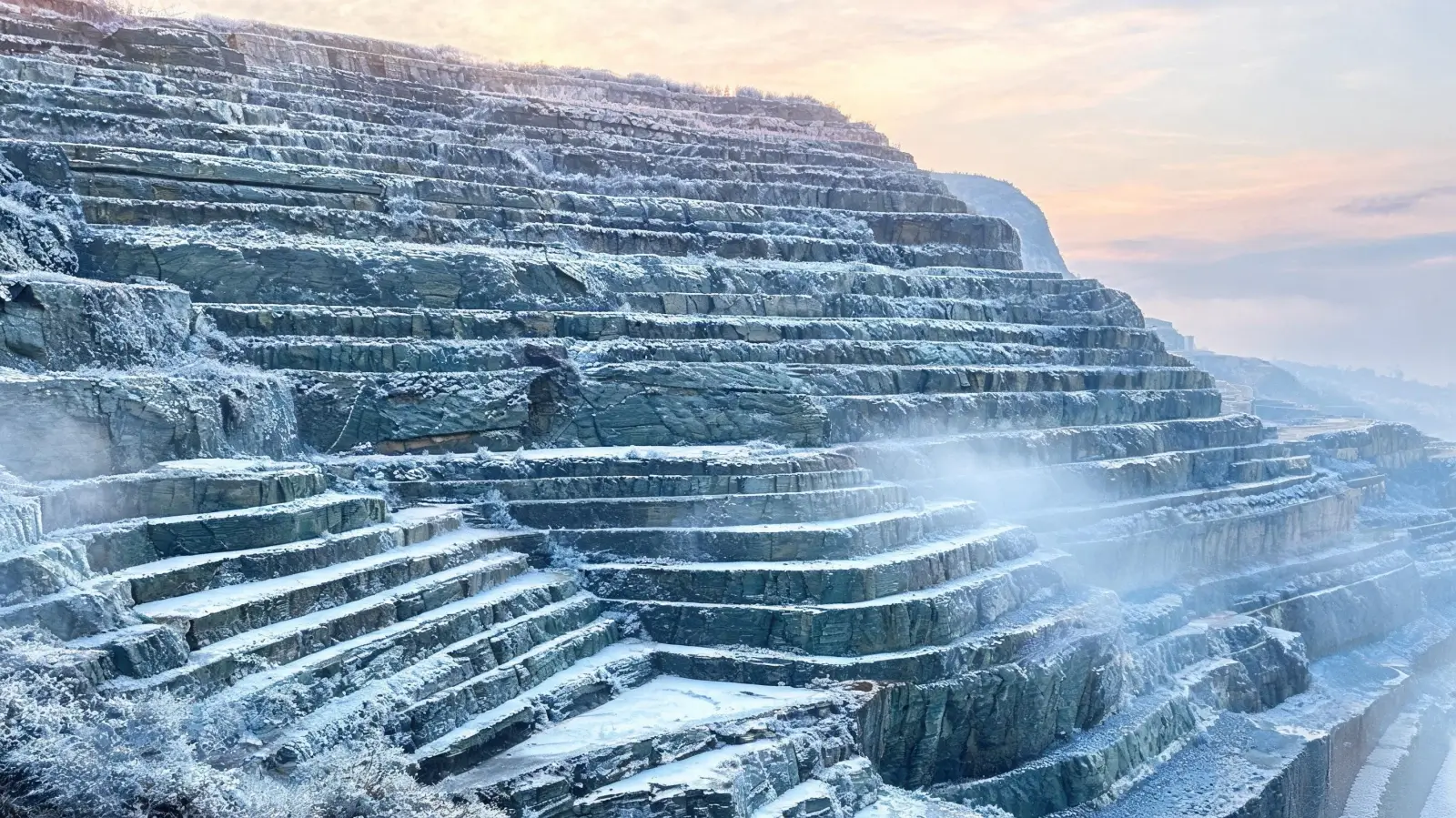 Freeze–Thaw Resistance of Jiujiang Slate 6 Slate quarry face in Hengtang during winter with frost on rock surfaces