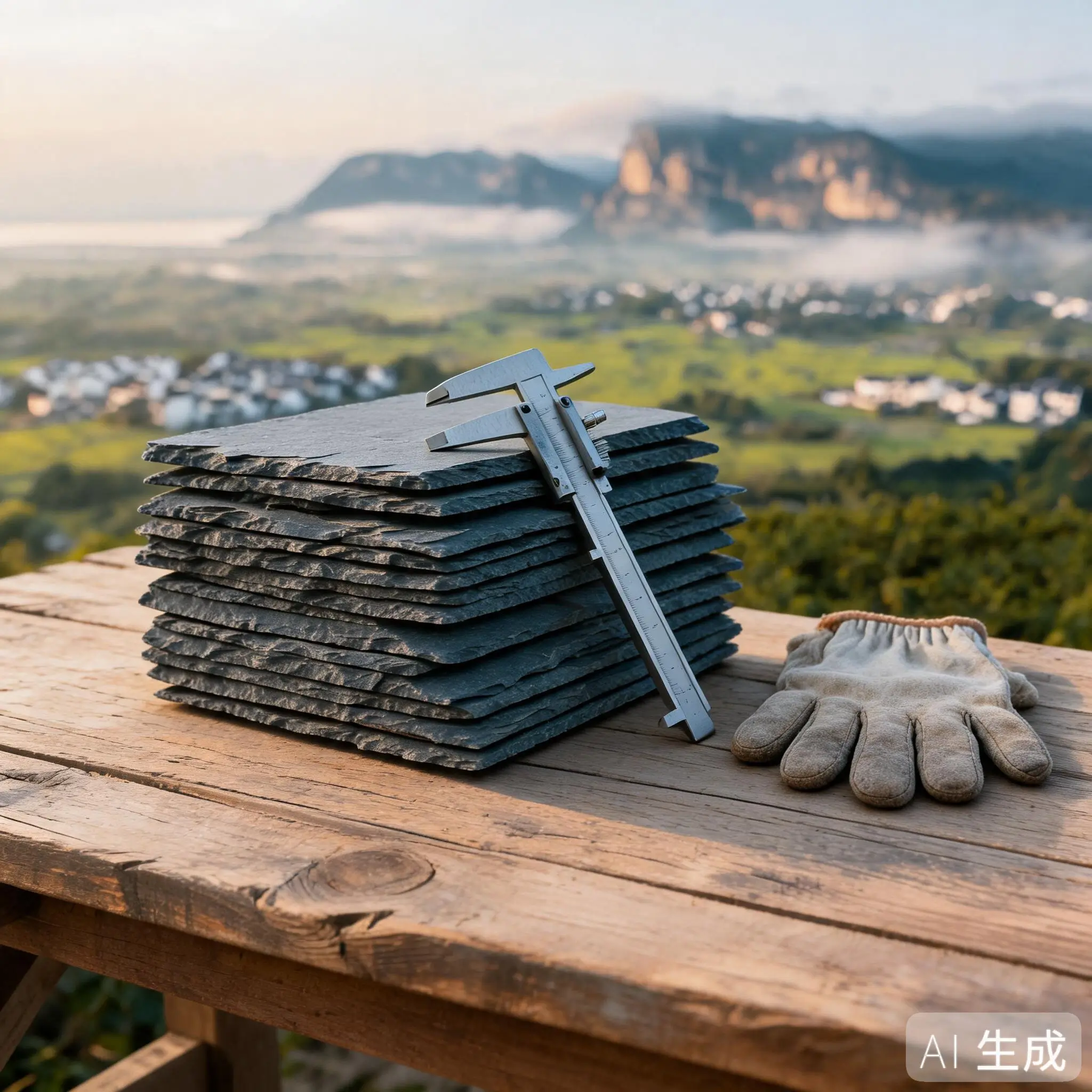 Jiujiang, Lushan or Xingzi Slate: What's in a Name? 2 Stepped terraced benches of layered grey-blue slate on a working quarry hillside with blocks in the yard