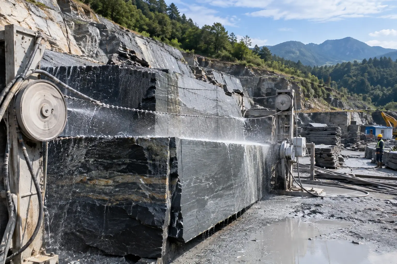 Wire saw cutting through dark grey layered slate rock at a quarry in the Jiujiang slate region