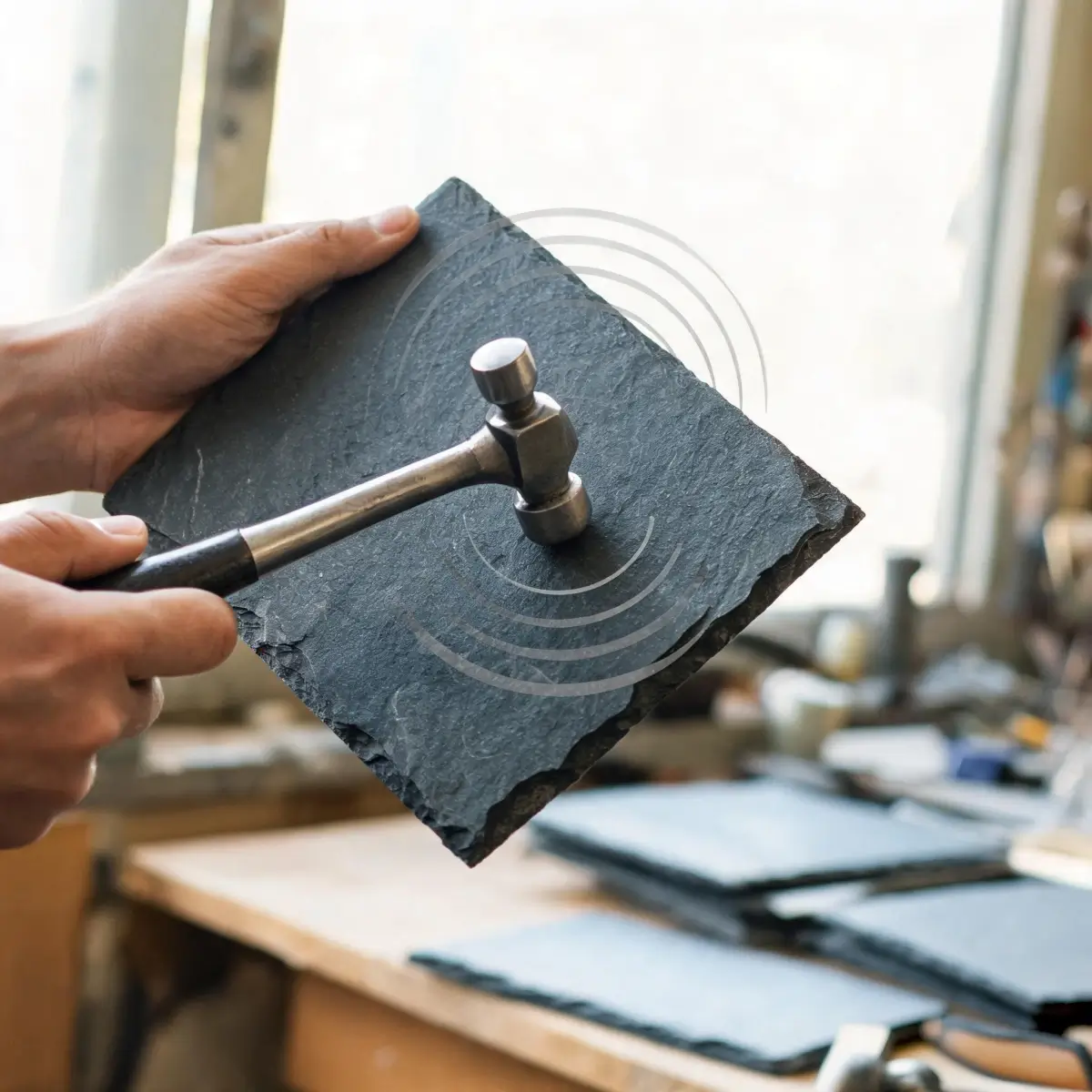 Can Roofing Slate Be Reused or Recycled? 3 Ring test on a reclaimed slate tile — tapping to check for cracks