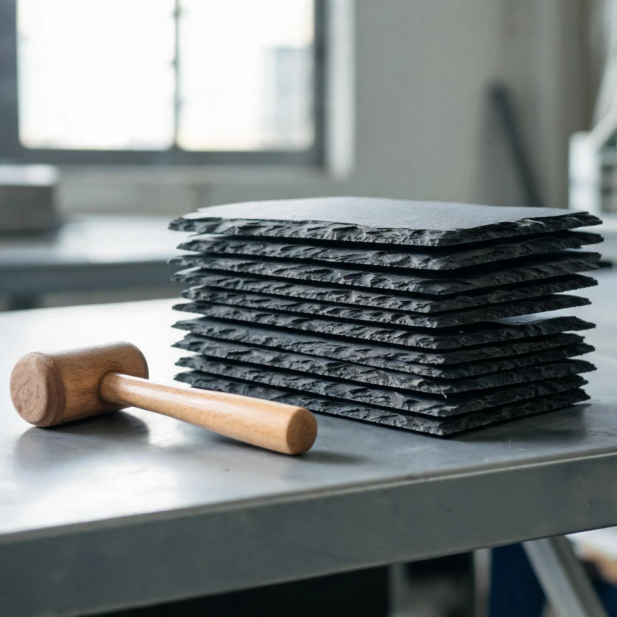 Slate Ring Test Mallet and Tile Stack Wooden mallet and stacked slate tiles used for ring testing in a slate factory