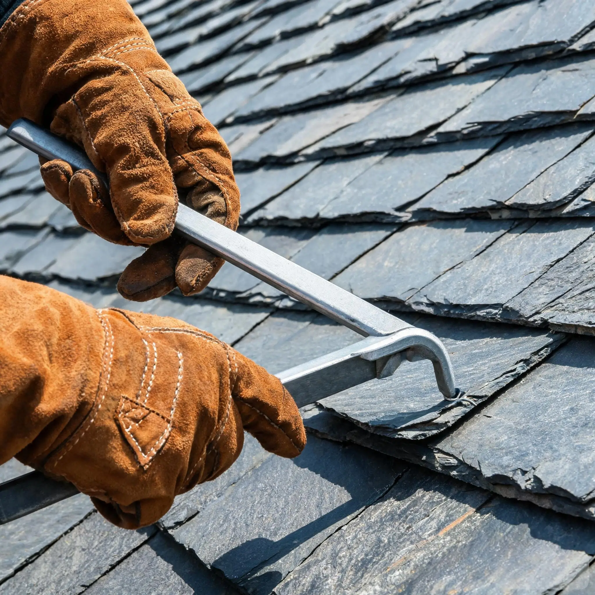 Slate ripper tool for individual slate replacement Slate ripper tool being used to replace a broken roofing slate