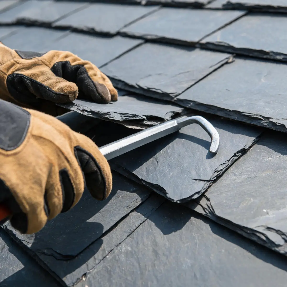 Myths About Natural Roofing Slate 6 Roofer using a slate ripper tool to remove a single broken tile