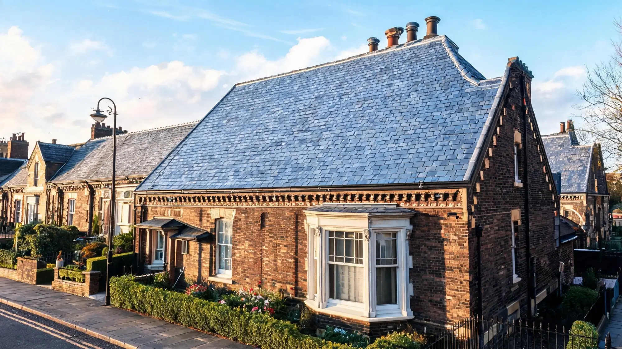 Does Slate Roofing Improve Property Value? 3 Street-level view looking up at a well-maintained natural slate roof on a Victorian property