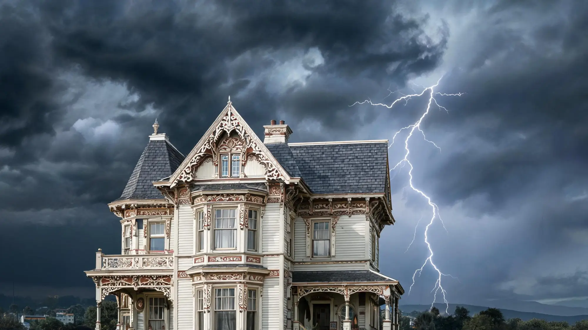 Myths About Natural Roofing Slate 1 Slate roof under storm clouds with lightning, illustrating the myth that slate attracts lightning