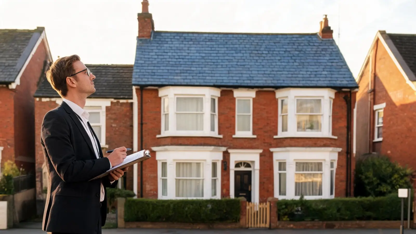 Does Slate Roofing Improve Property Value? 1 Chartered surveyor with clipboard standing in front of a slate-roofed property during a valuation