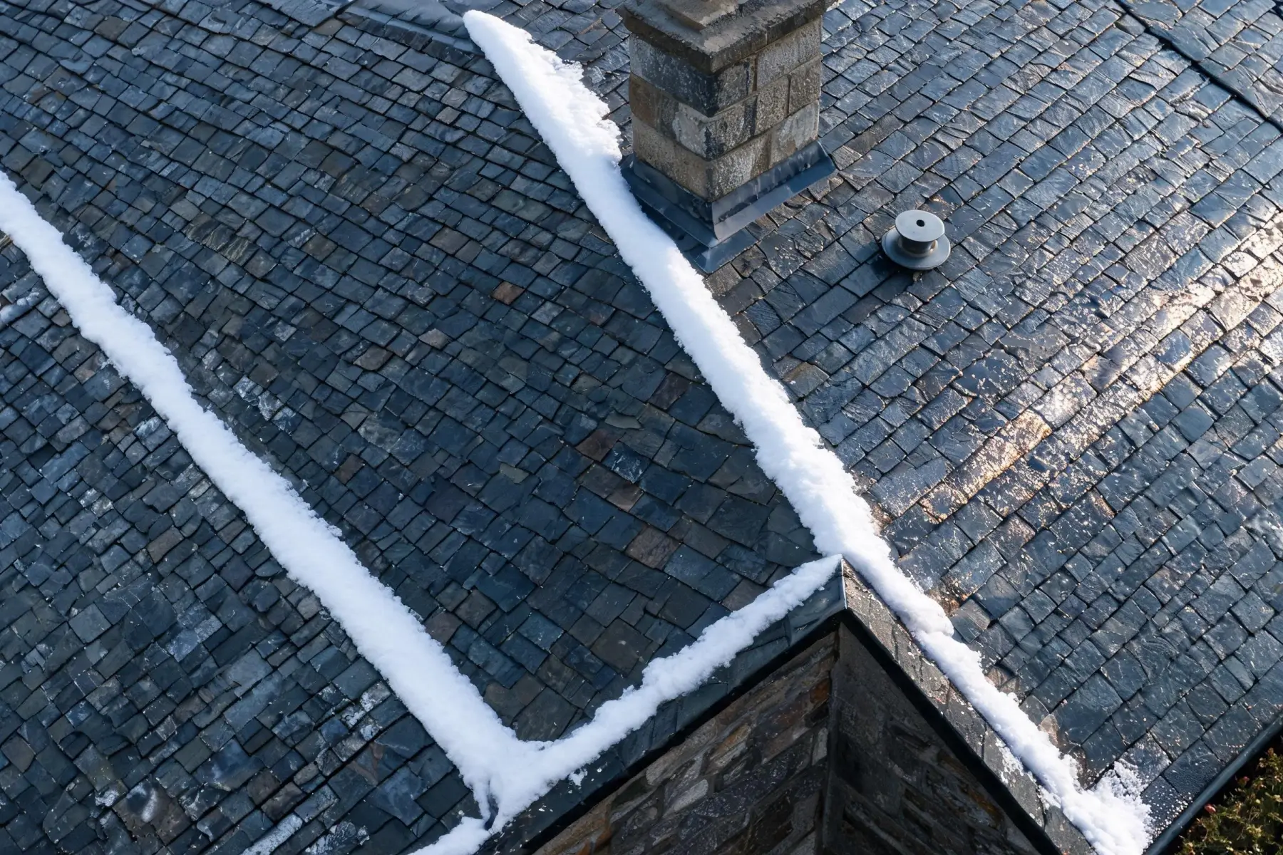 Overhead view of a steeply pitched dark grey natural slate roof in a cold climate with snow accumulating in the valleys between ridges, ice melting at the edges where sunlight hits