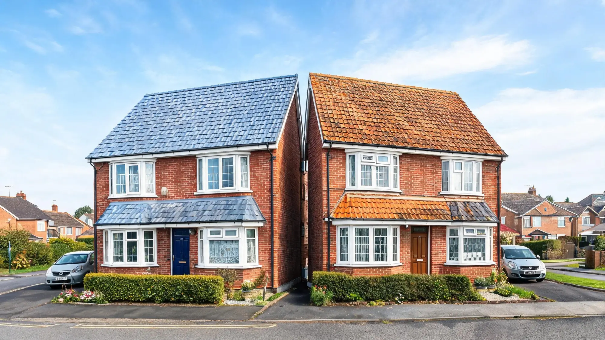 Does Slate Roofing Improve Property Value? 2 Two neighbouring semi-detached houses, one with natural slate roof and one with concrete tiles, side by side