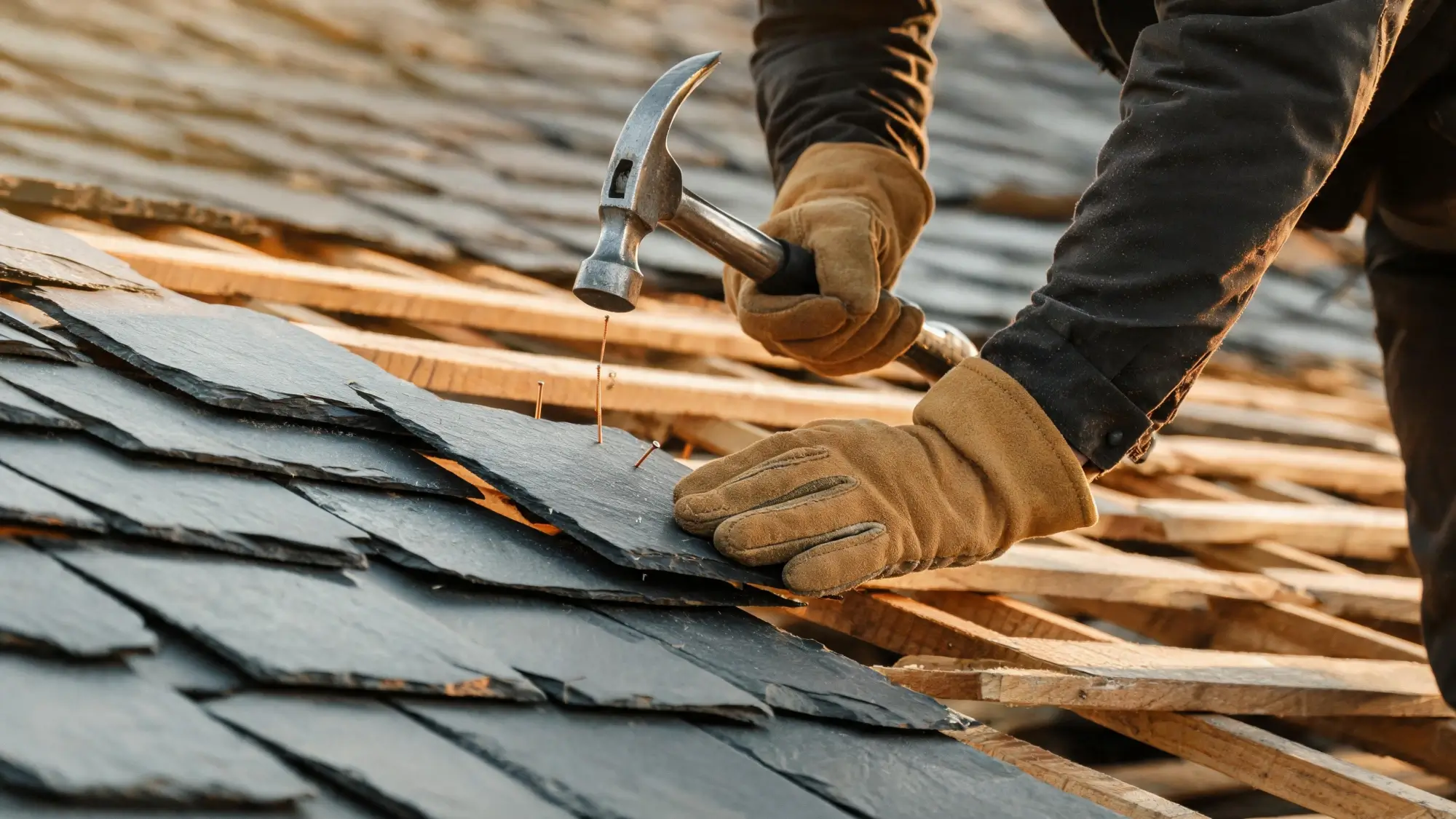 Roofer fixing a natural slate tile with a hammer and copper nail