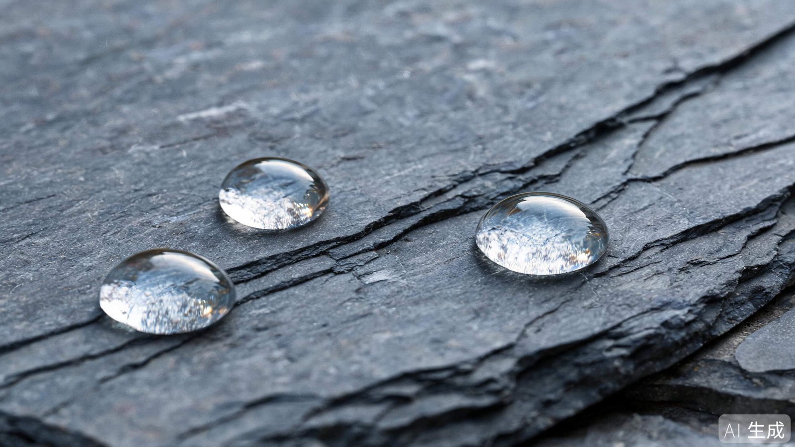 Water observation test on a slate sample surface Water droplets resting on the cleft surface of a slate sample during a simple observation test