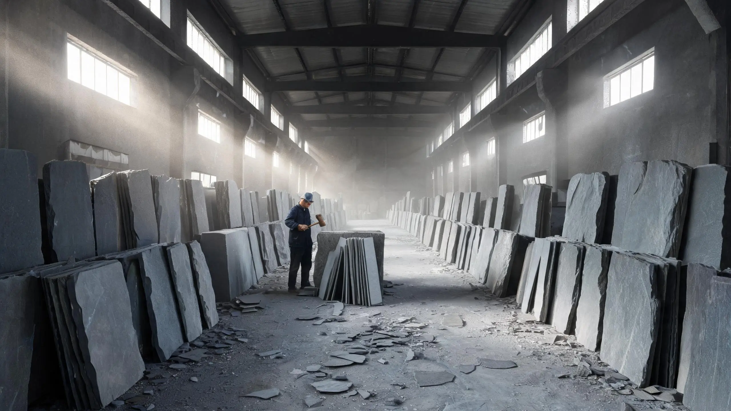 Wide view of a slate splitting workshop with grey slate blocks and split tiles stacked along the walls