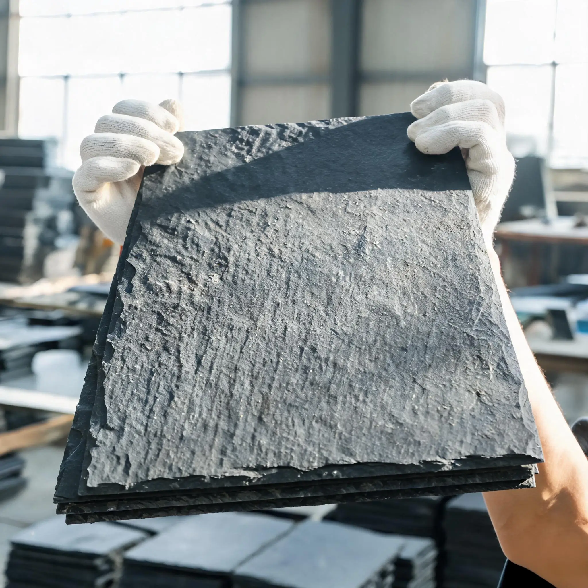 Slate Surface Inspection Under Raking Light Slate tile surface inspection under raking light revealing texture and defects