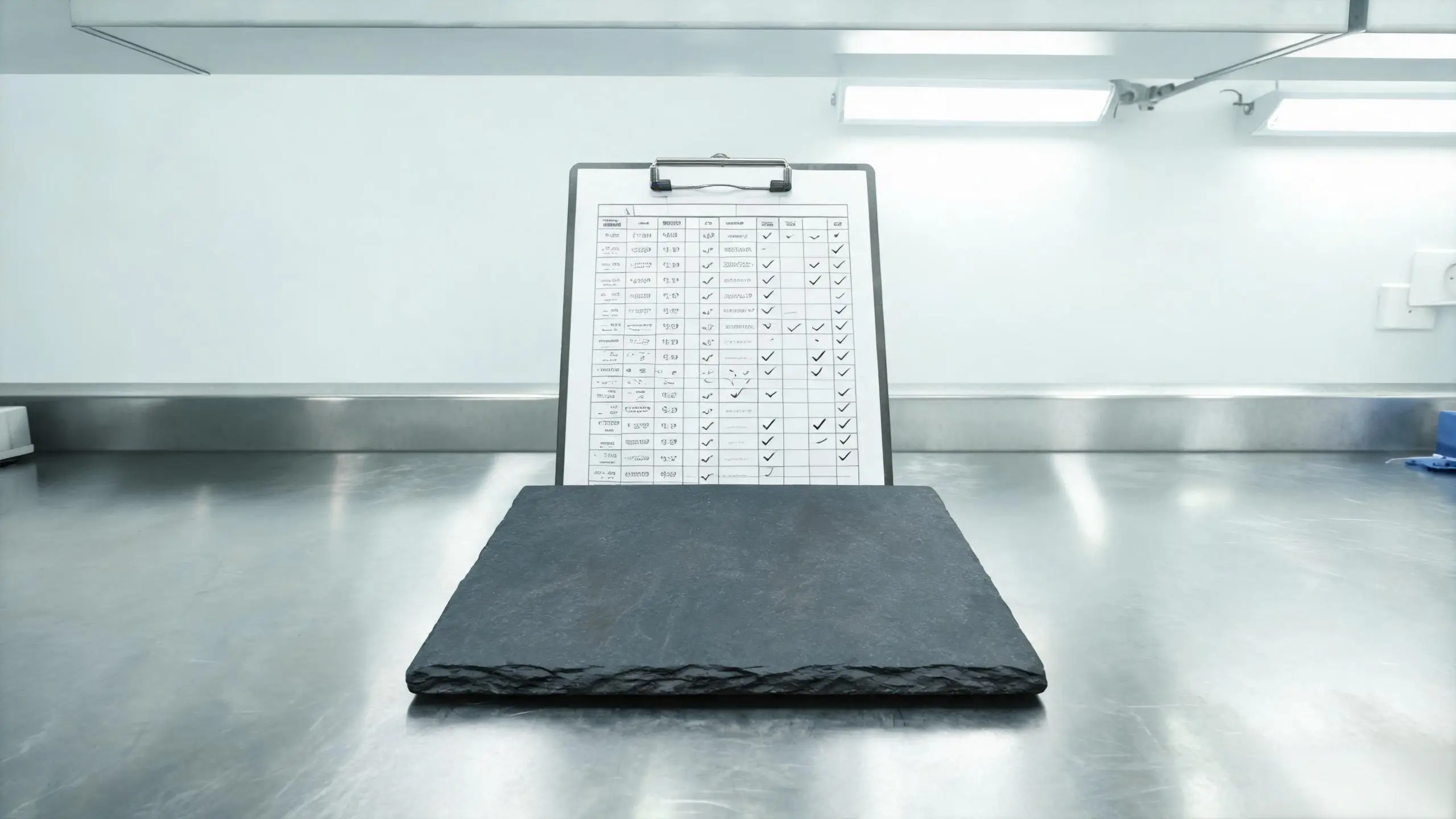 Slate test data sample in laboratory setting Slate sample block on a laboratory table with a data sheet on a clipboard
