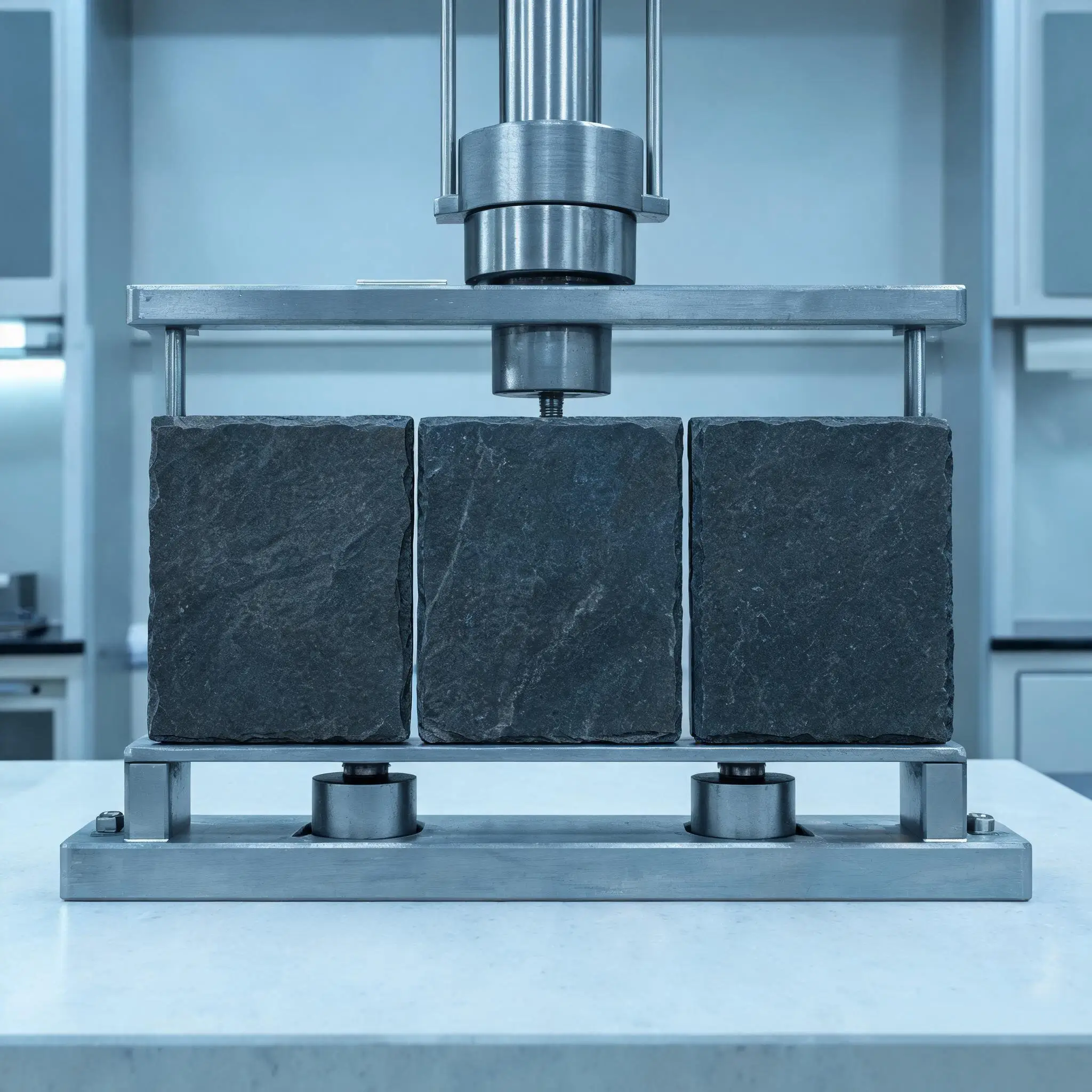 Slate Flexural Strength Testing Three-point bending test rig with slate bar samples in a laboratory