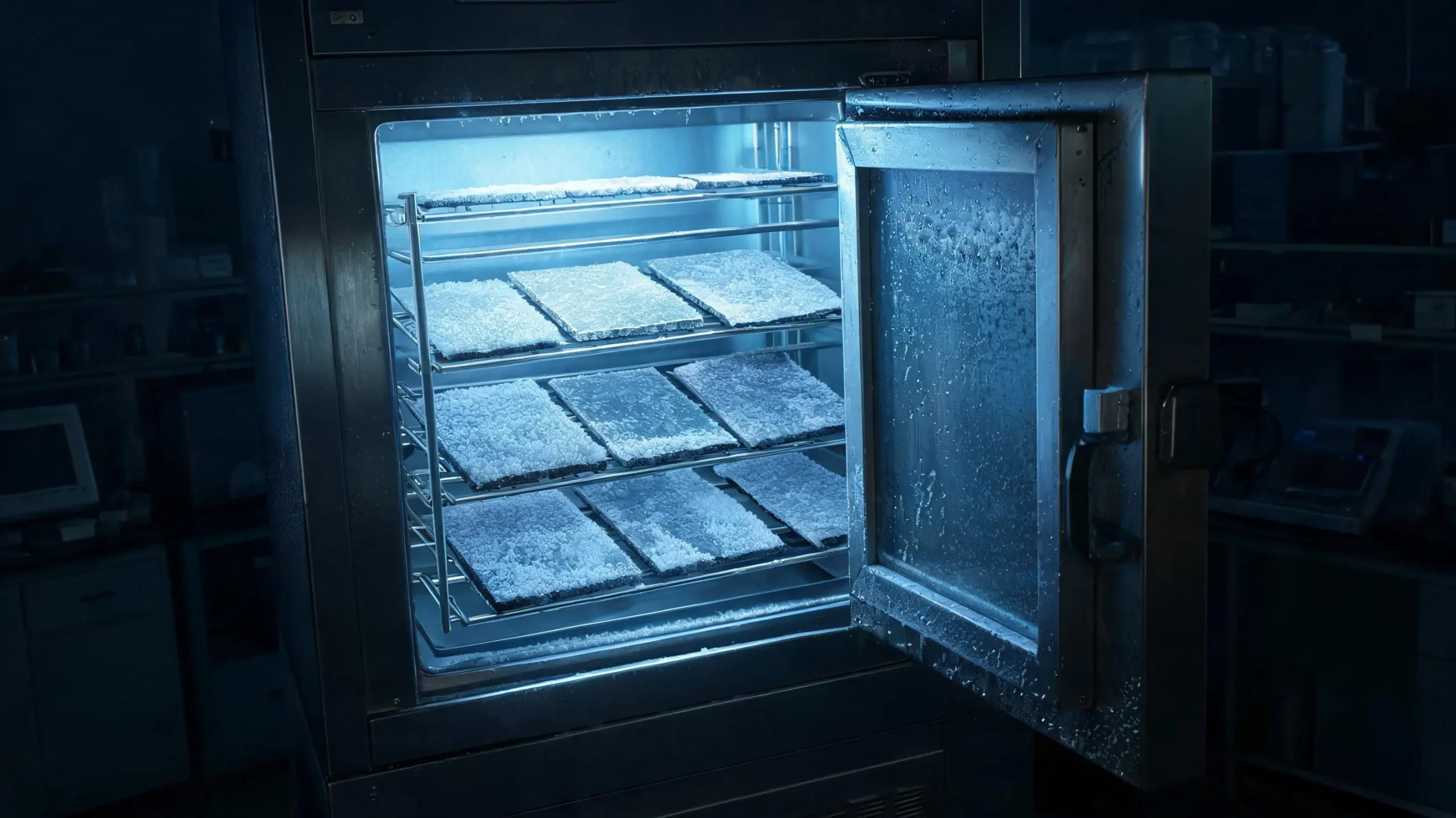 Slate Freeze-Thaw Resistance Testing Freeze-thaw testing chamber with frosted slate samples visible inside