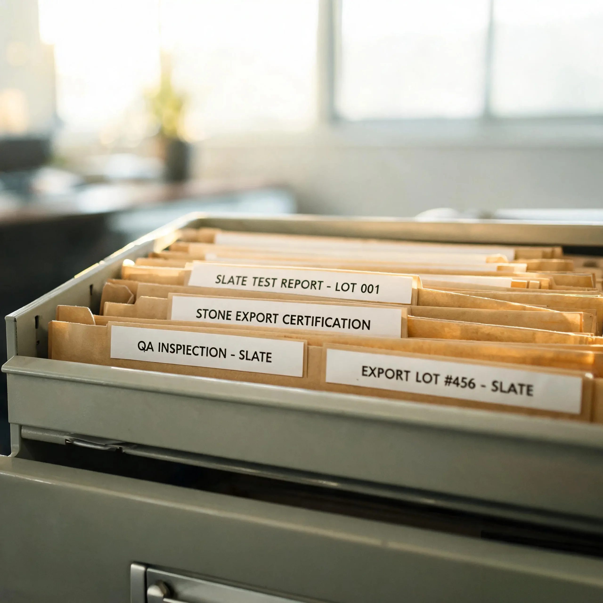 Slate Testing: What Buyers Should Ask For 6 Filing cabinet drawer with organized slate test report folders