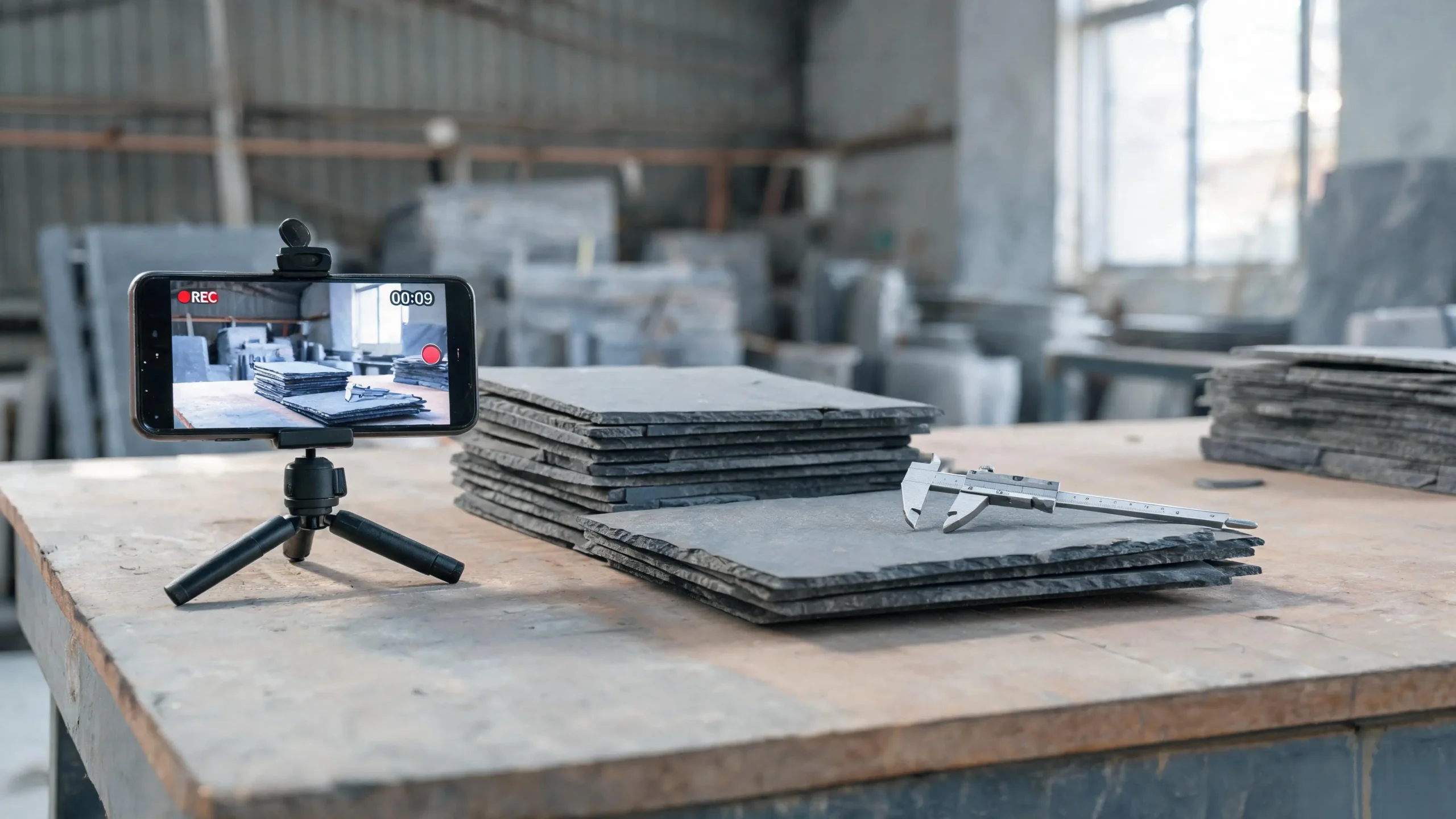 Slate Testing: What Buyers Should Ask For 3 Smartphone on tripod filming slate quality inspection on a workbench