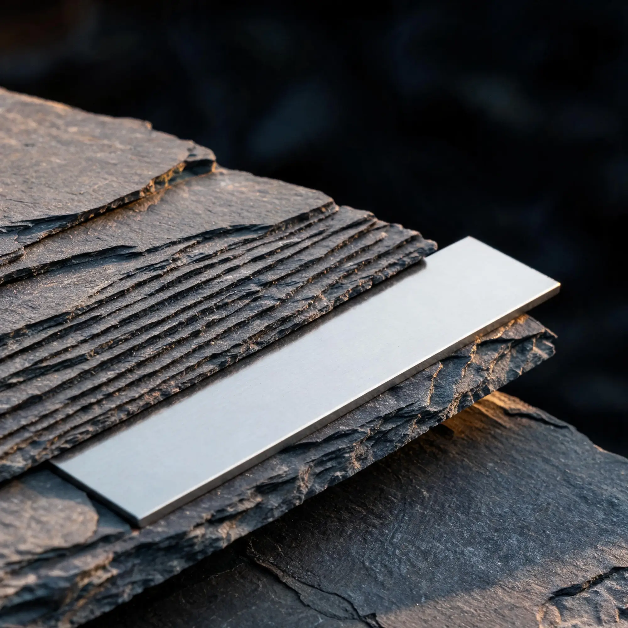Slate Testing: What Buyers Should Ask For 4 Macro close-up of slate edge showing layered texture with metal reference