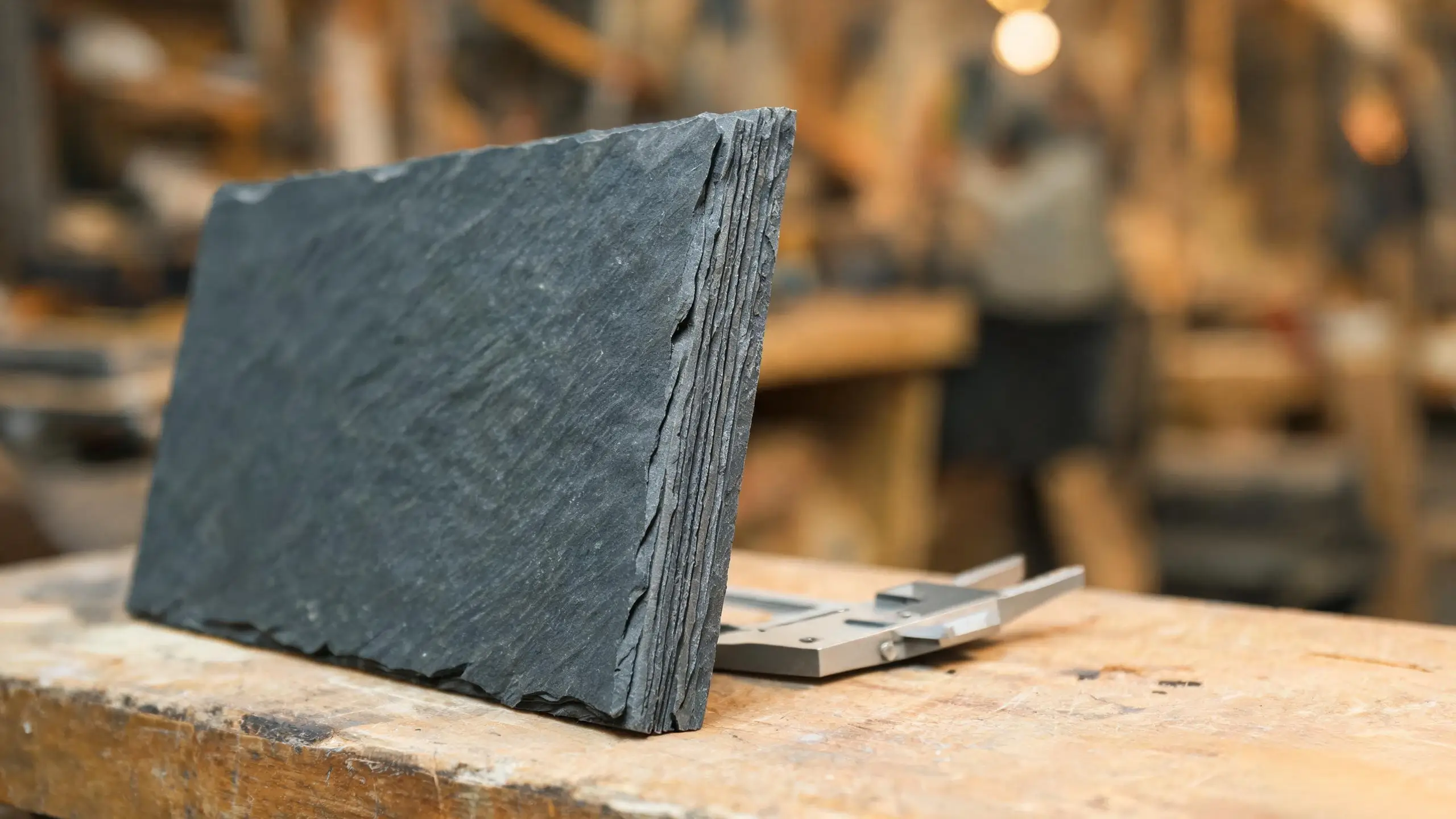 Measuring slate tile thickness with a caliper Dark grey slate tile propped on a workbench with a metal caliper measuring tool