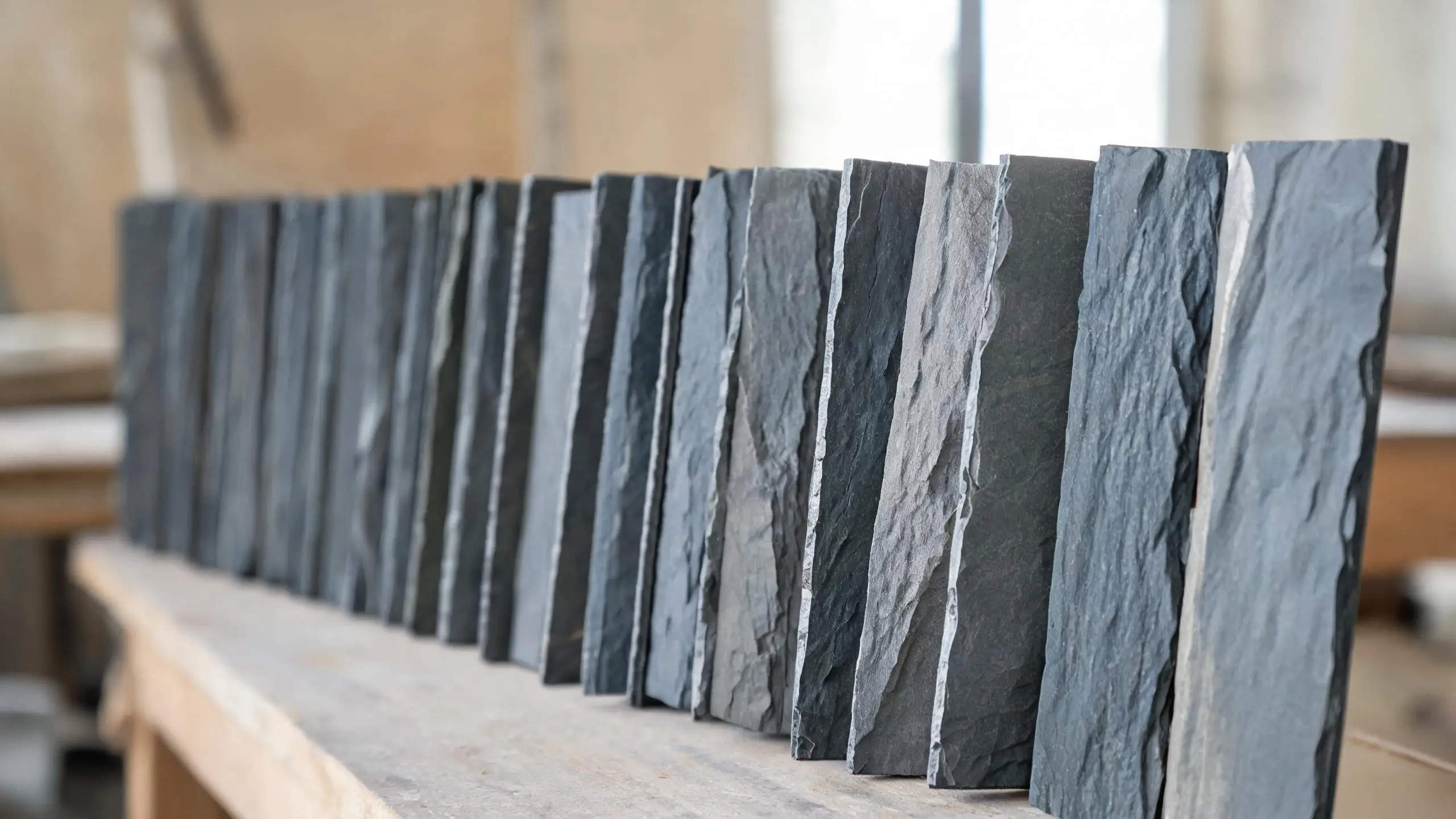 Edge-on view of a thin grey roofing slate tile showing its consistent 5 to 8 millimetre thickness