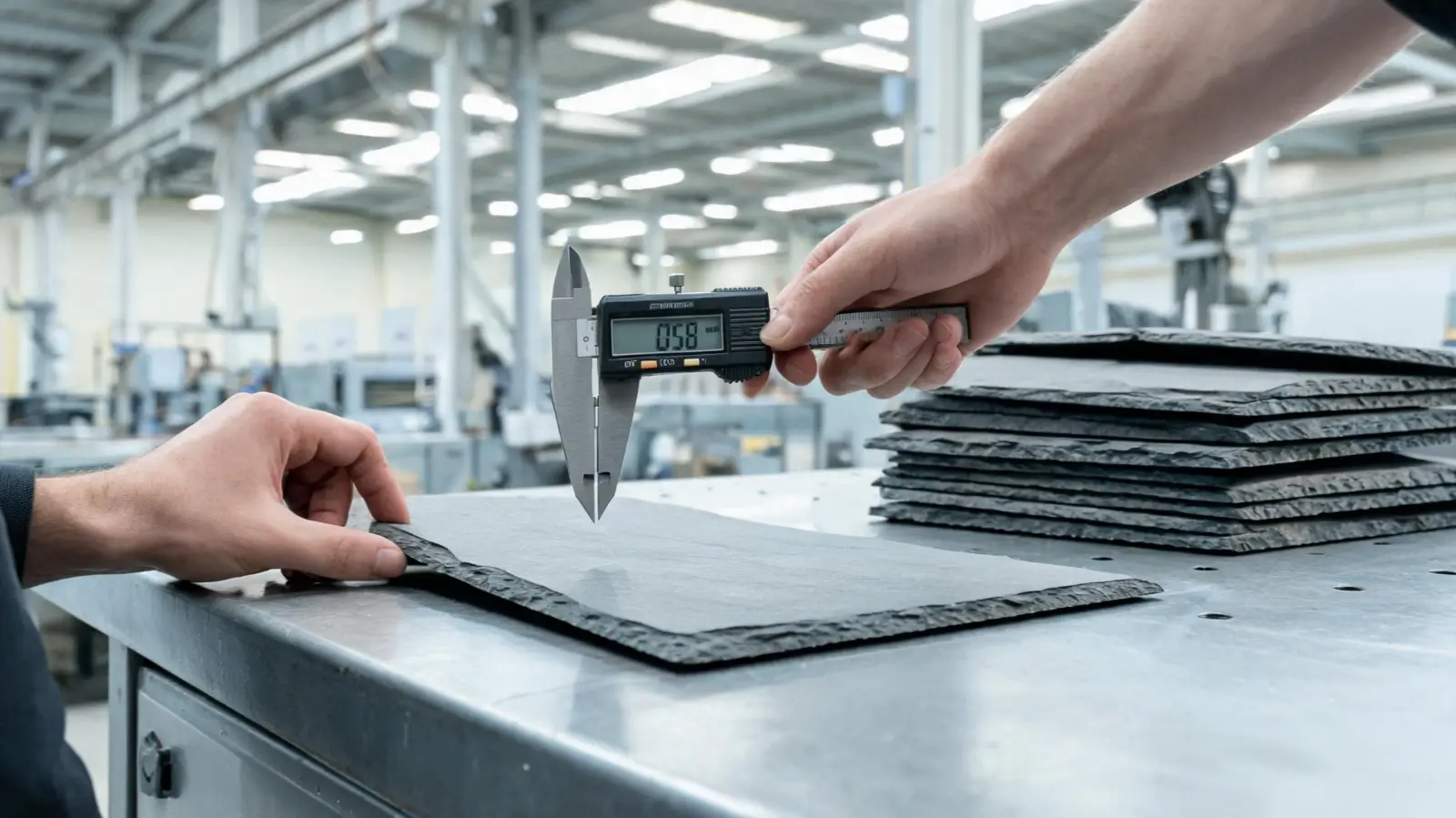 Quality inspector measuring a grey roofing slate tile with callipers at an inspection bench