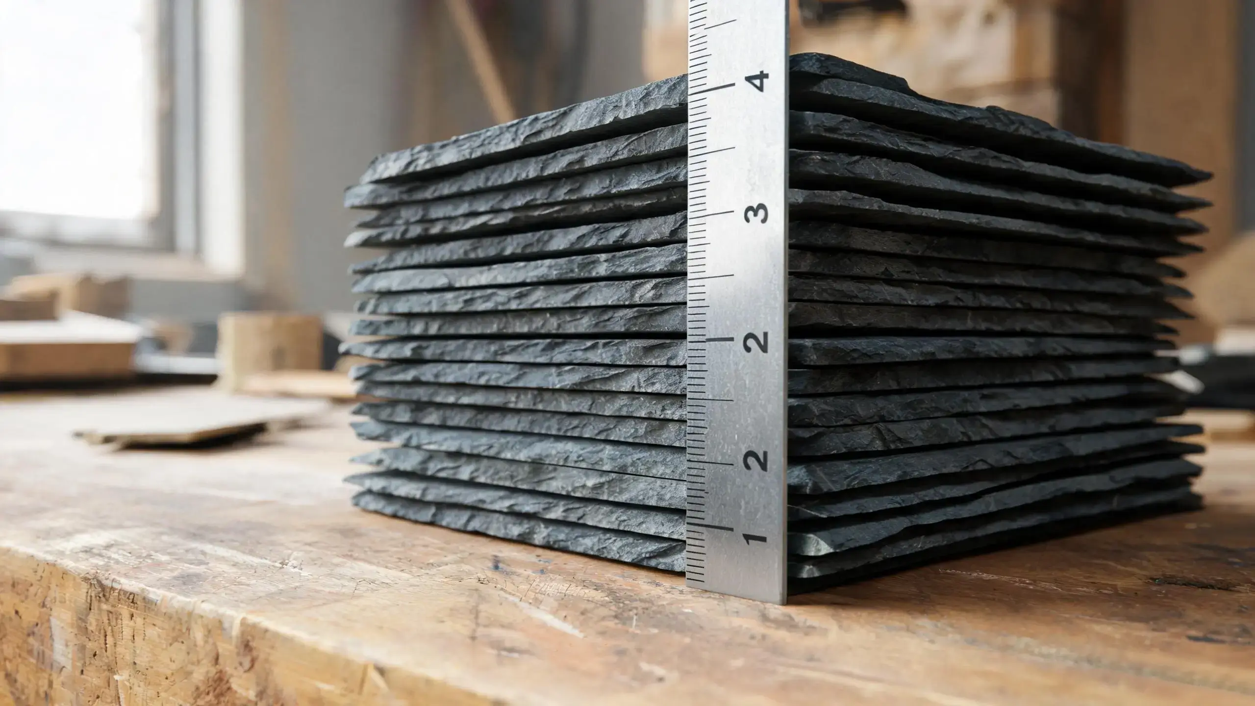 Stack of roofing slates on edge showing tile thickness variation measured against a rule