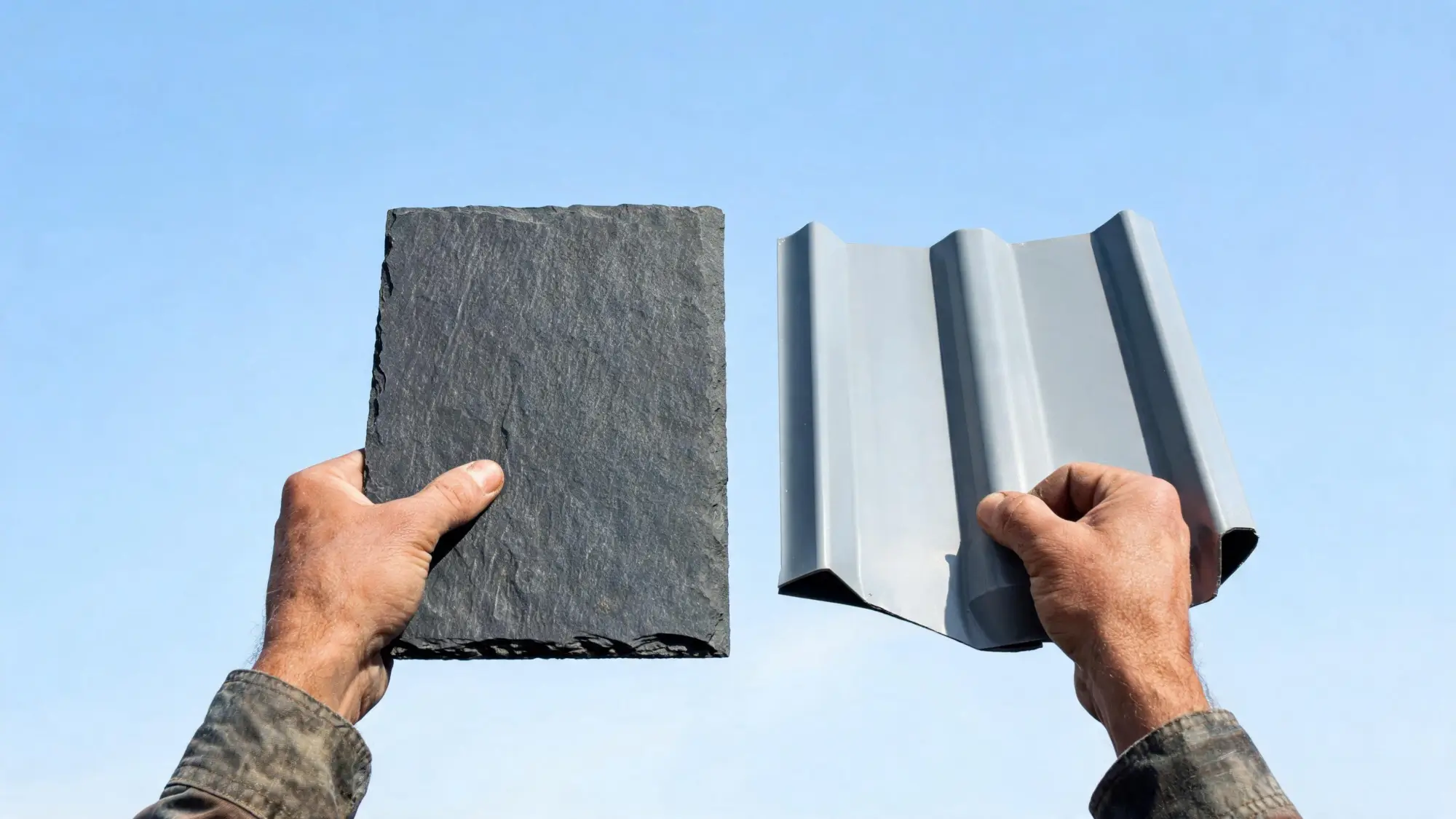 One hand holding a natural slate tile and a metal roofing panel of similar coverage