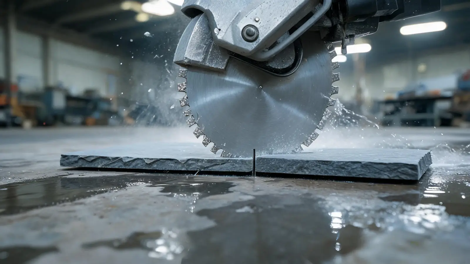 Diamond blade wet saw cutting a grey slate tile to exact dimensions with water spray