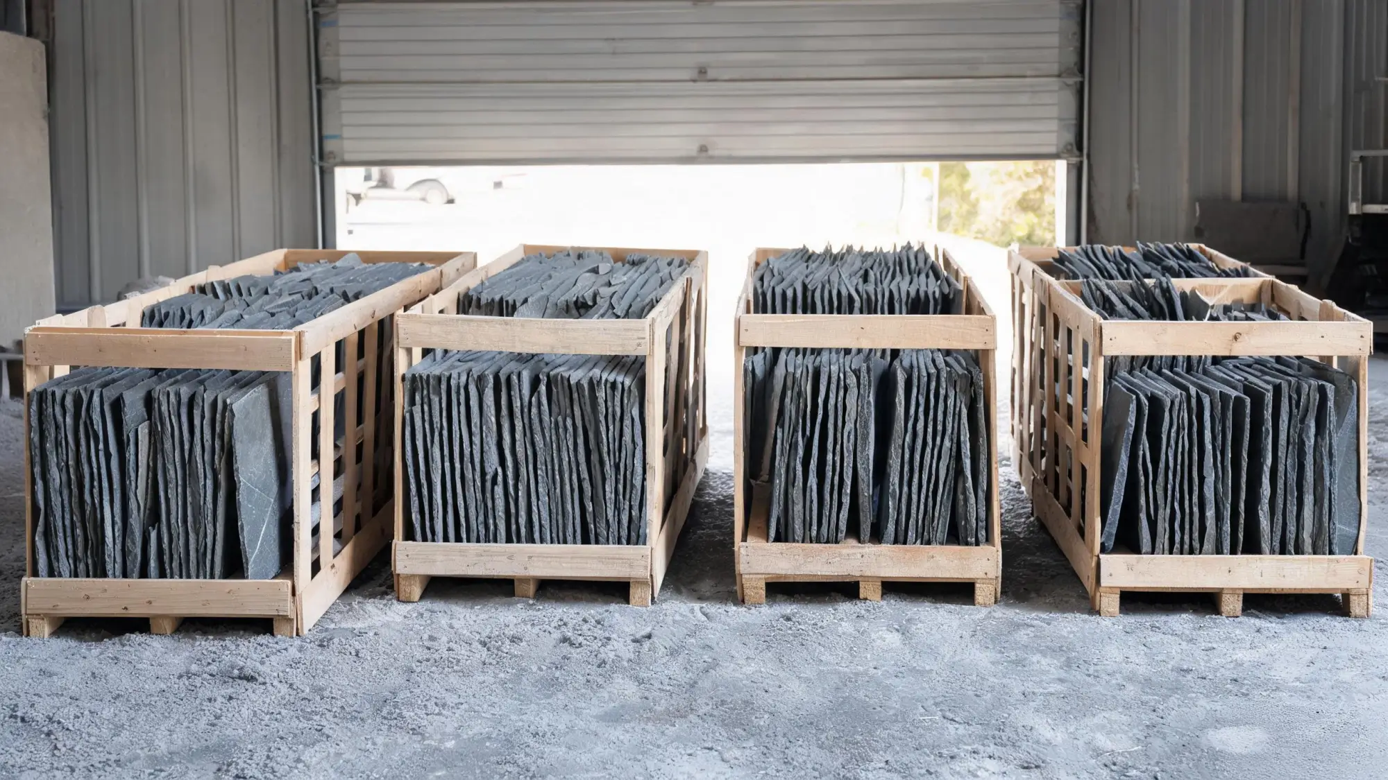 Wooden crate packed with thin grey roofing slate tiles standing upright and bundled for export