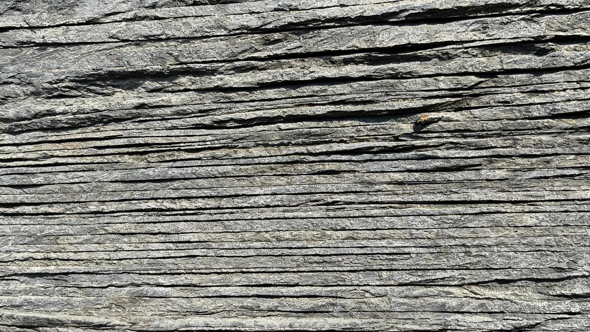 Overhead view of several hand-split grey roofing slate tiles arranged in slight overlap showing natural colour variation