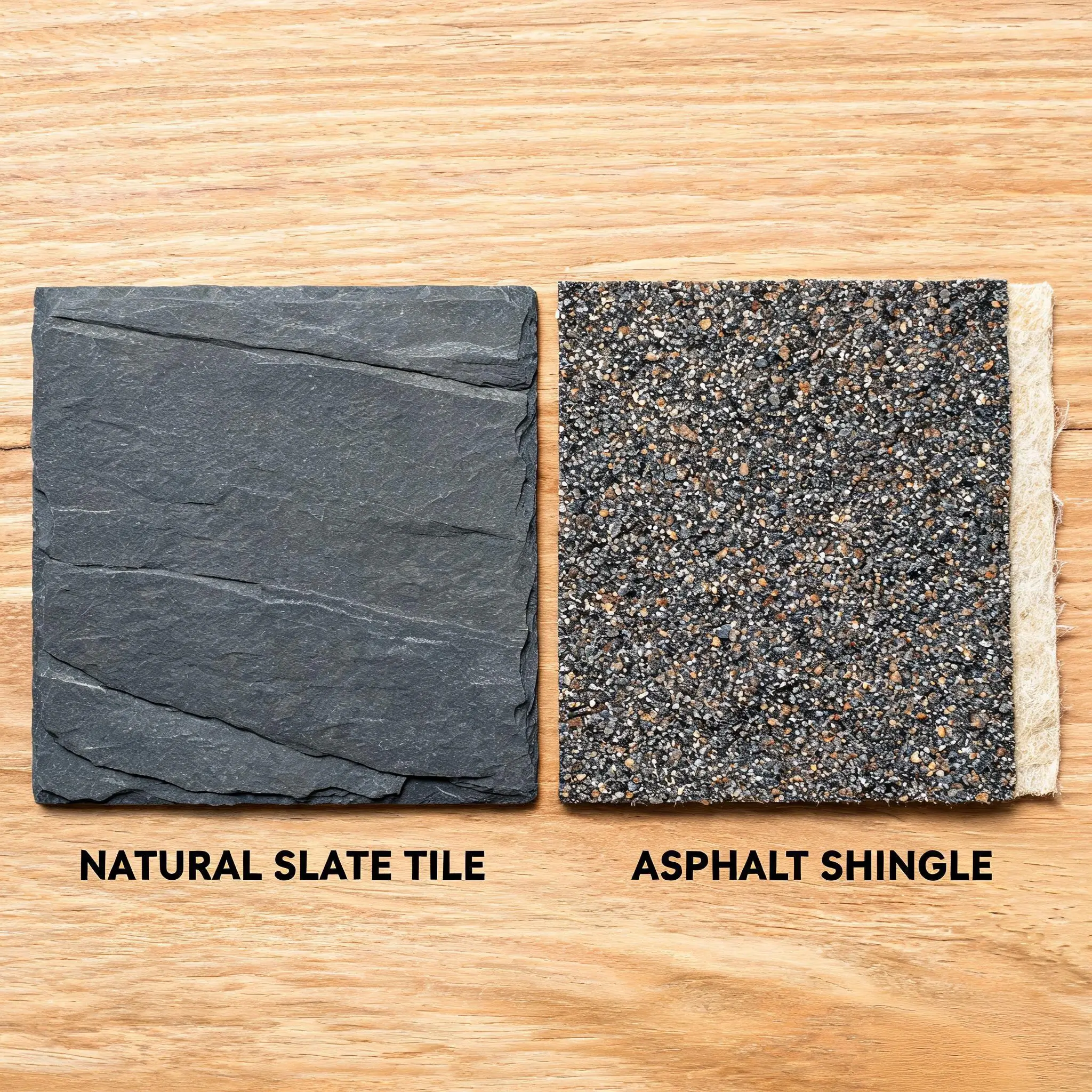 Close-up comparison of a natural slate tile and an asphalt shingle on a workbench