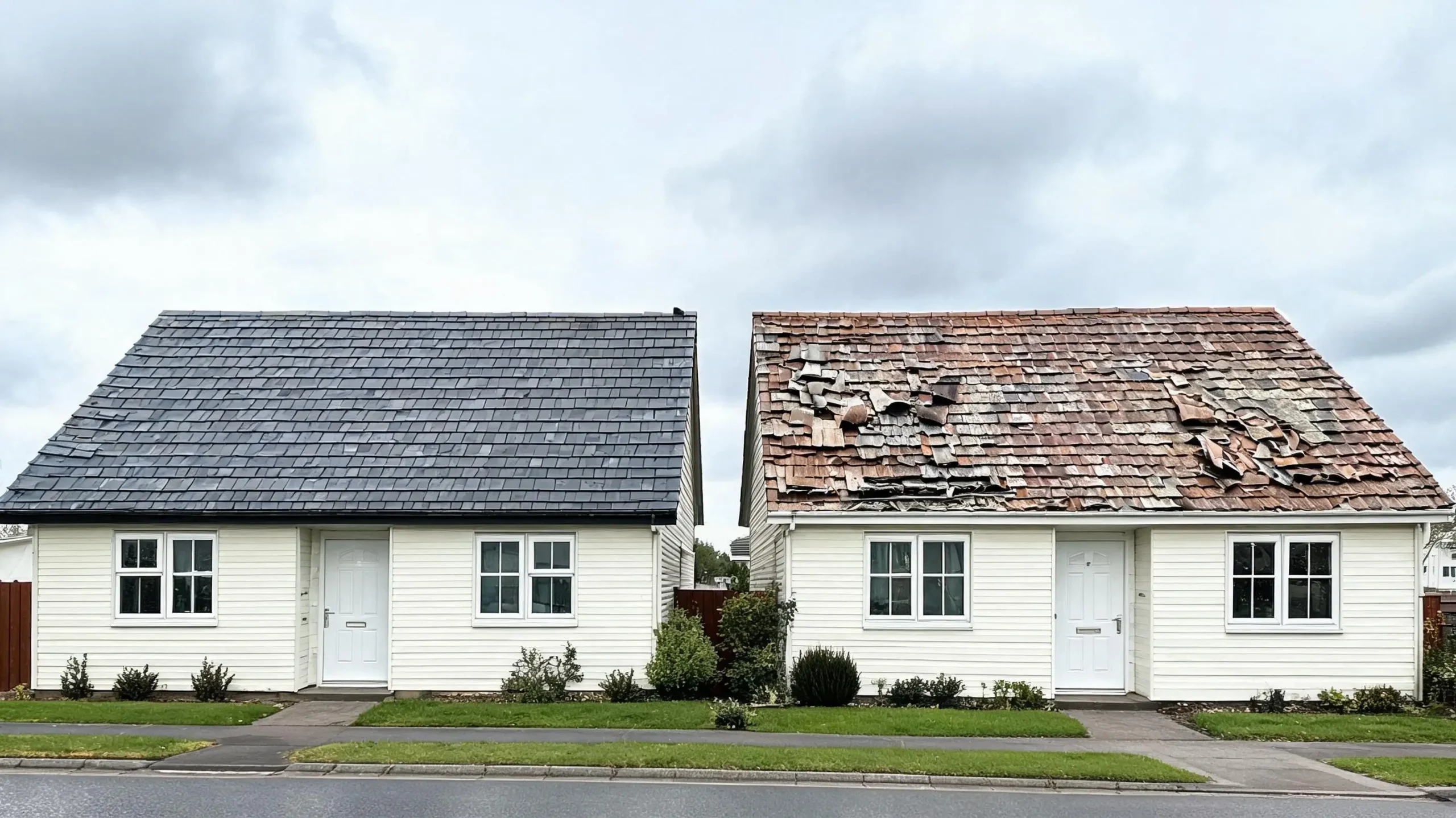 Two neighbouring houses with a natural slate roof and an asphalt shingle roof side by side