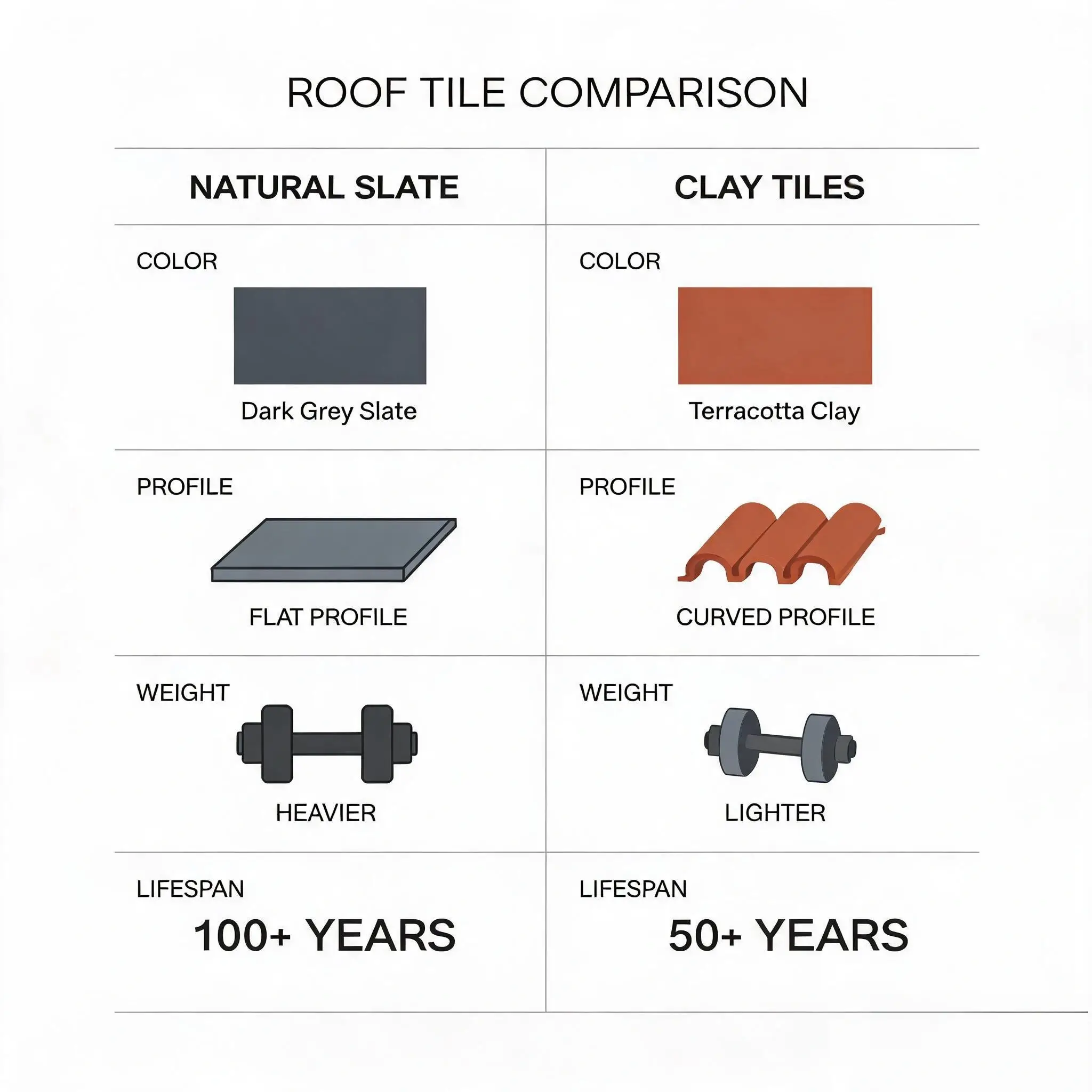 Infographic comparing natural slate and clay roof tiles with key specifications