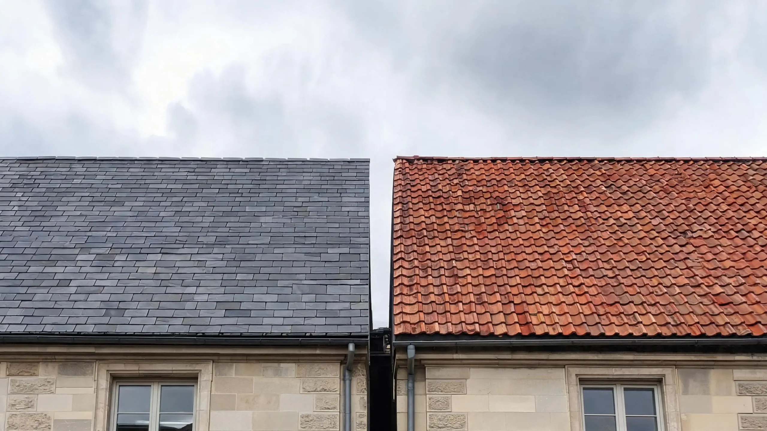 Diagram showing how natural slate forms through metamorphic processes versus how clay tiles are manufactured by firing
