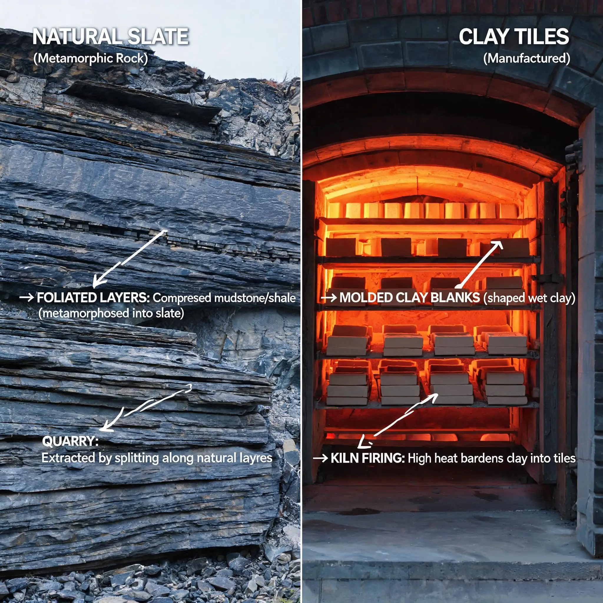 Close-up comparison of natural slate and clay roof tile on a workbench
