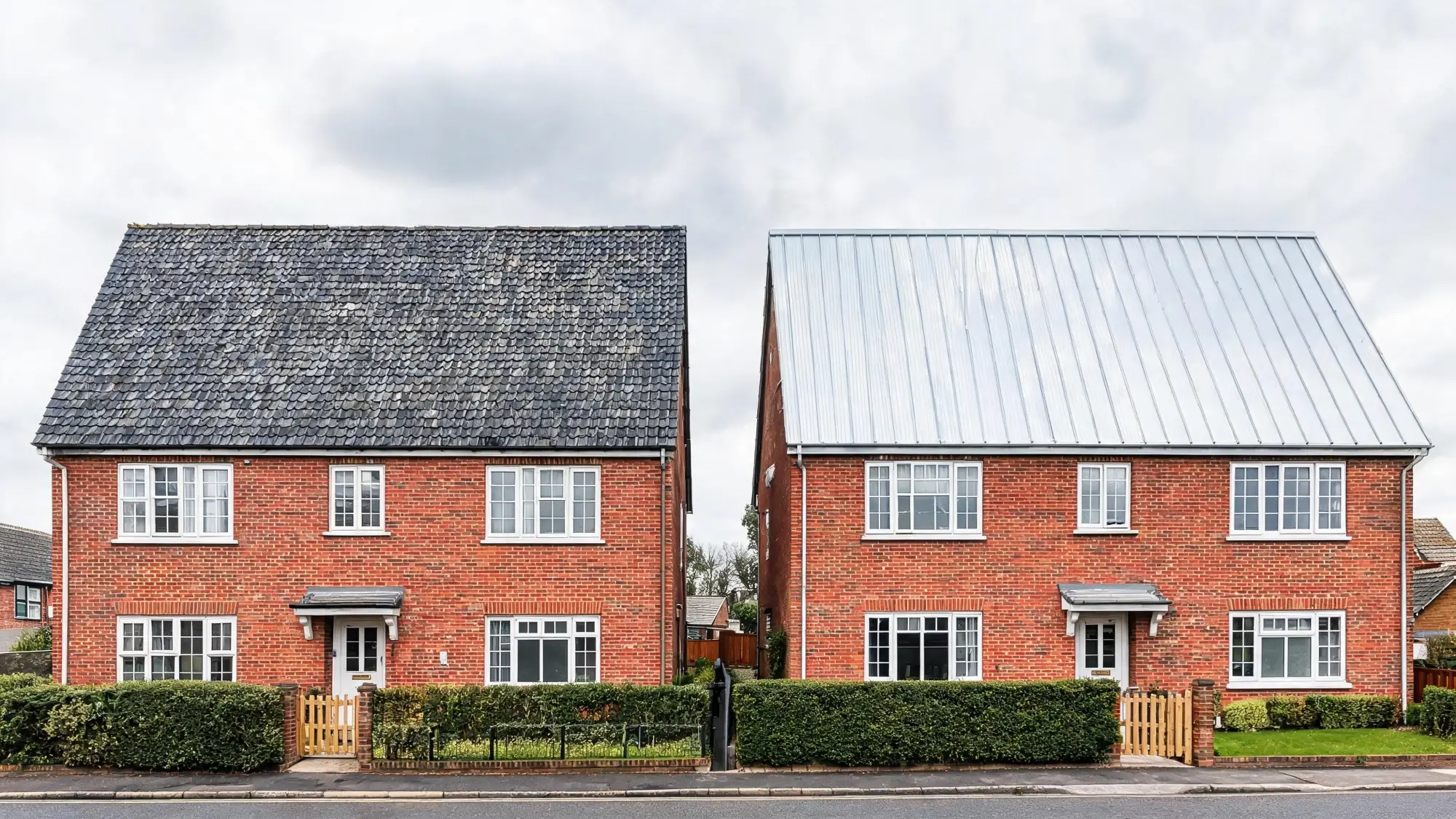 Two neighbouring houses one with natural slate roof one with standing seam metal roof